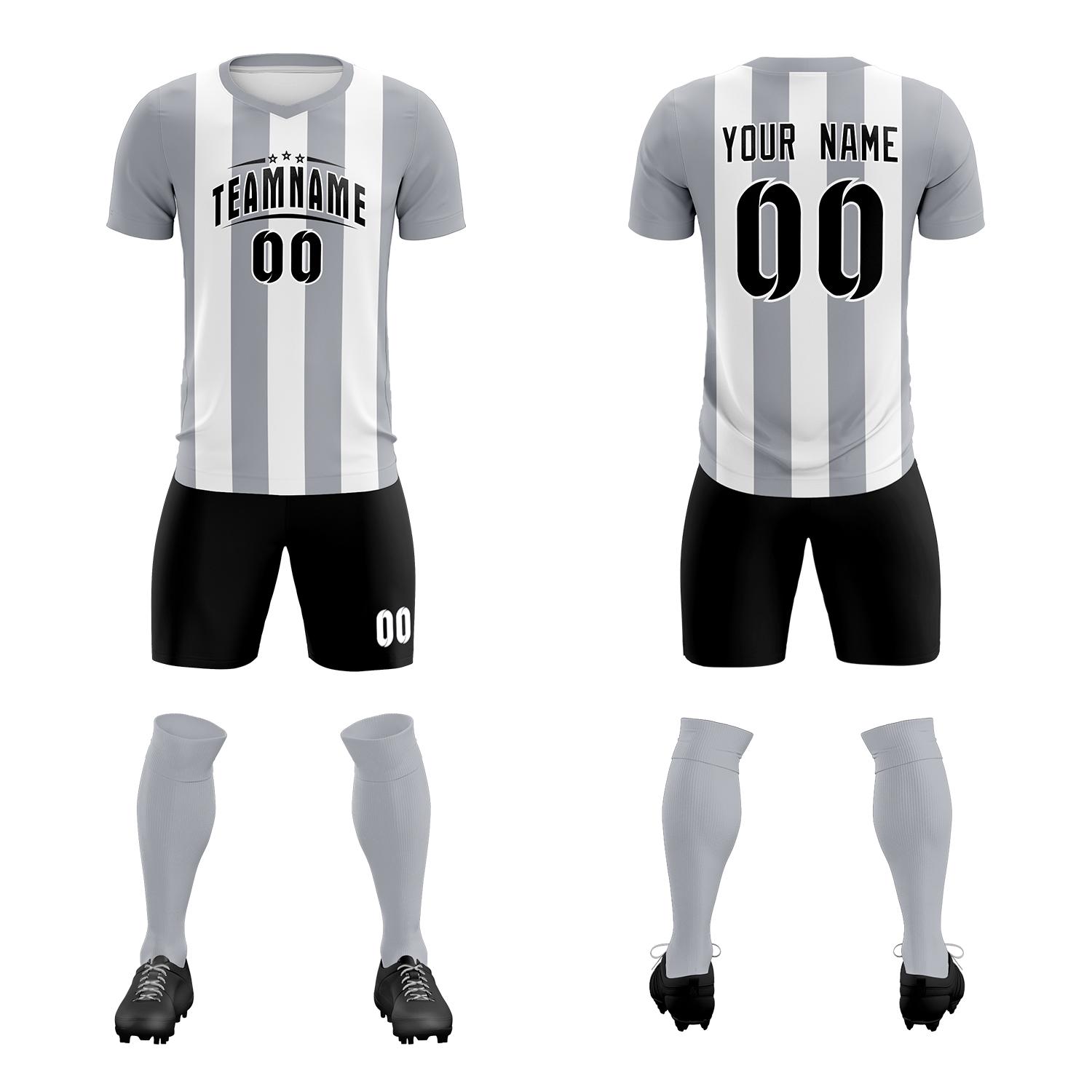 Custom White Gray Vertical Stripes Casual Outdoor Soccer Sets Jersey