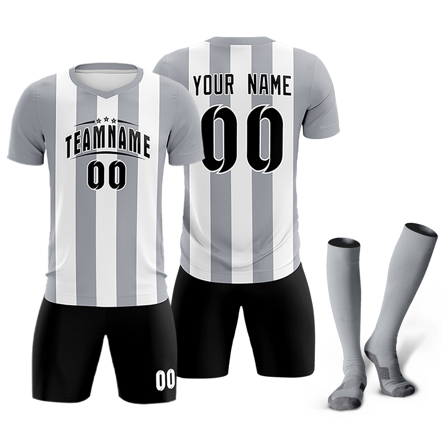 Custom White Gray Vertical Stripes Casual Outdoor Soccer Sets Jersey