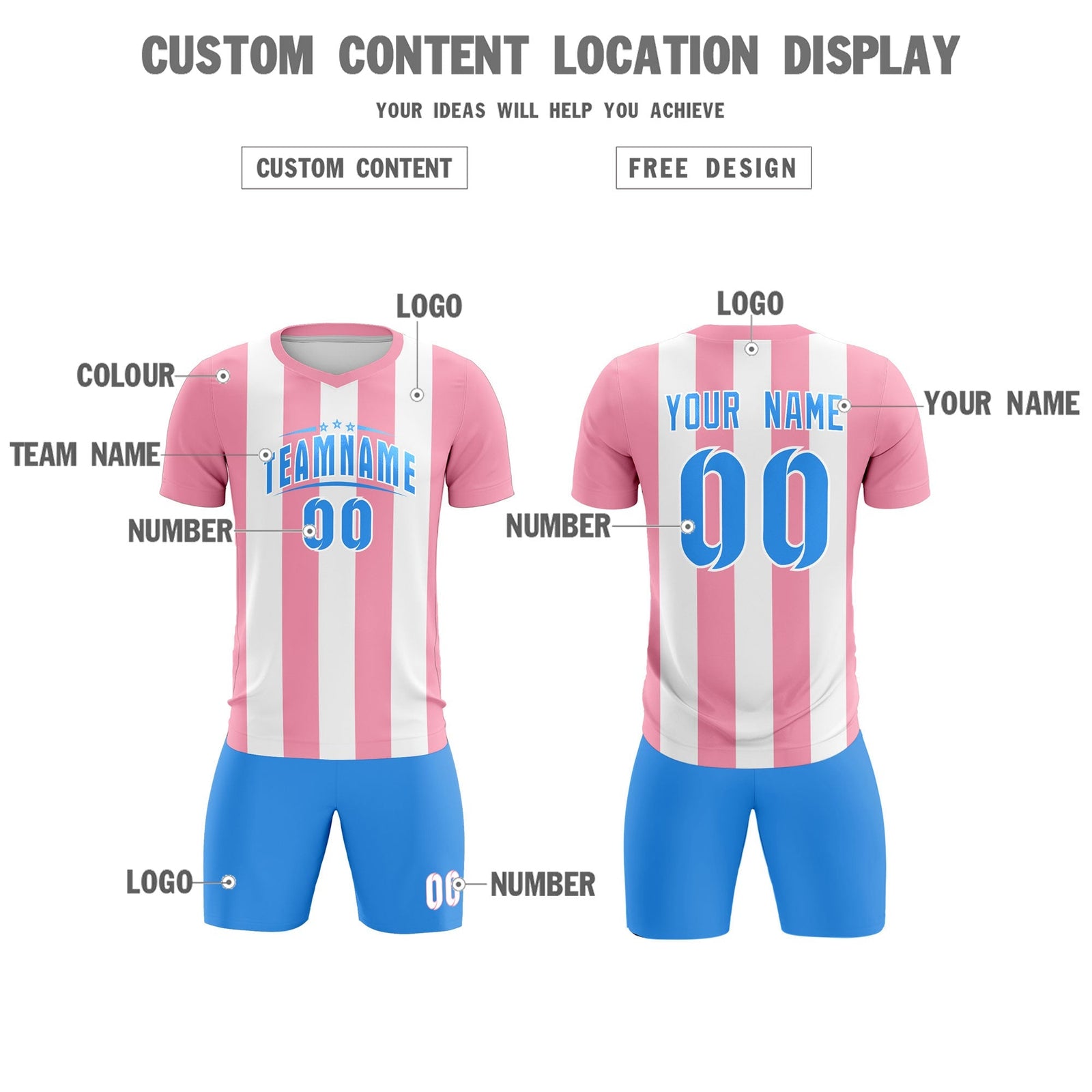Custom White Light Pink Vertical Stripes Casual Outdoor Soccer Sets Jersey