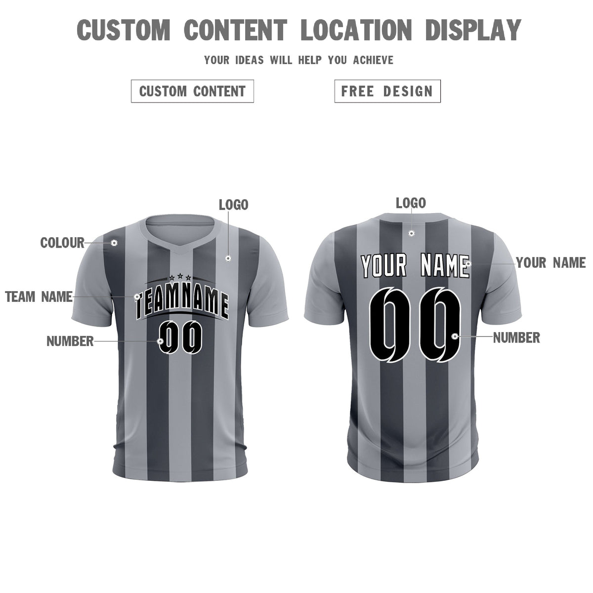 Custom Gray Dark Gray Vertical Stripes Casual Outdoor Soccer Sets Jersey