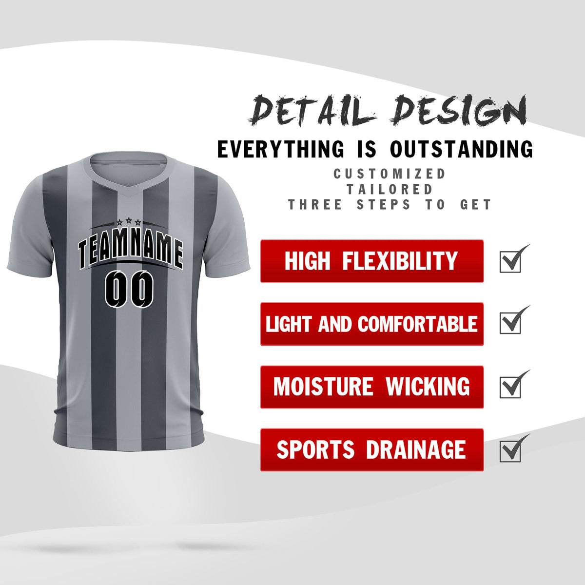 Custom Gray Dark Gray Vertical Stripes Casual Outdoor Soccer Sets Jersey