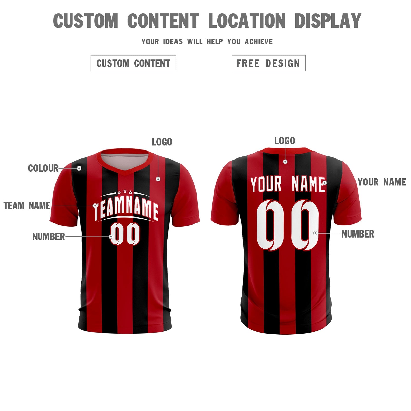 Custom Red Black Vertical Stripes Casual Outdoor Soccer Sets Jersey