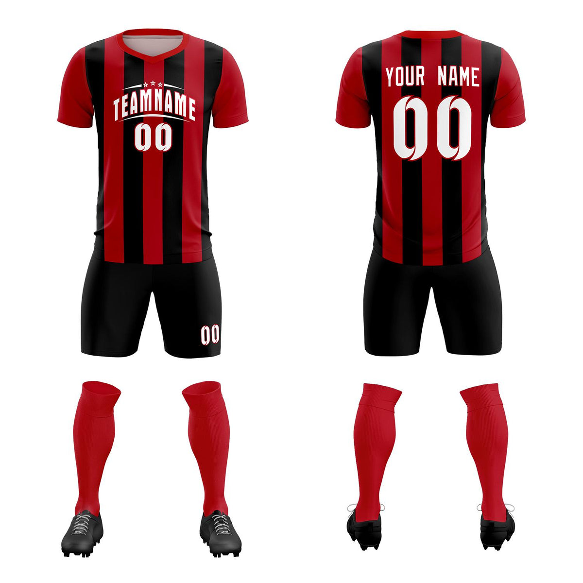 Custom Red Black Vertical Stripes Casual Outdoor Soccer Sets Jersey