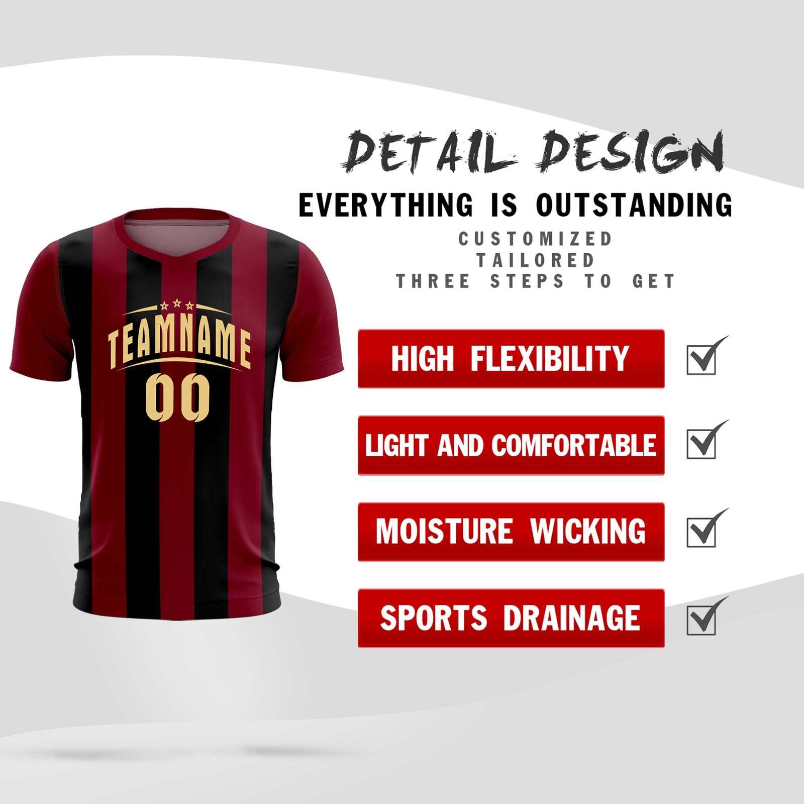 Custom Crimson Black Vertical Stripes Casual Outdoor Soccer Sets Jersey