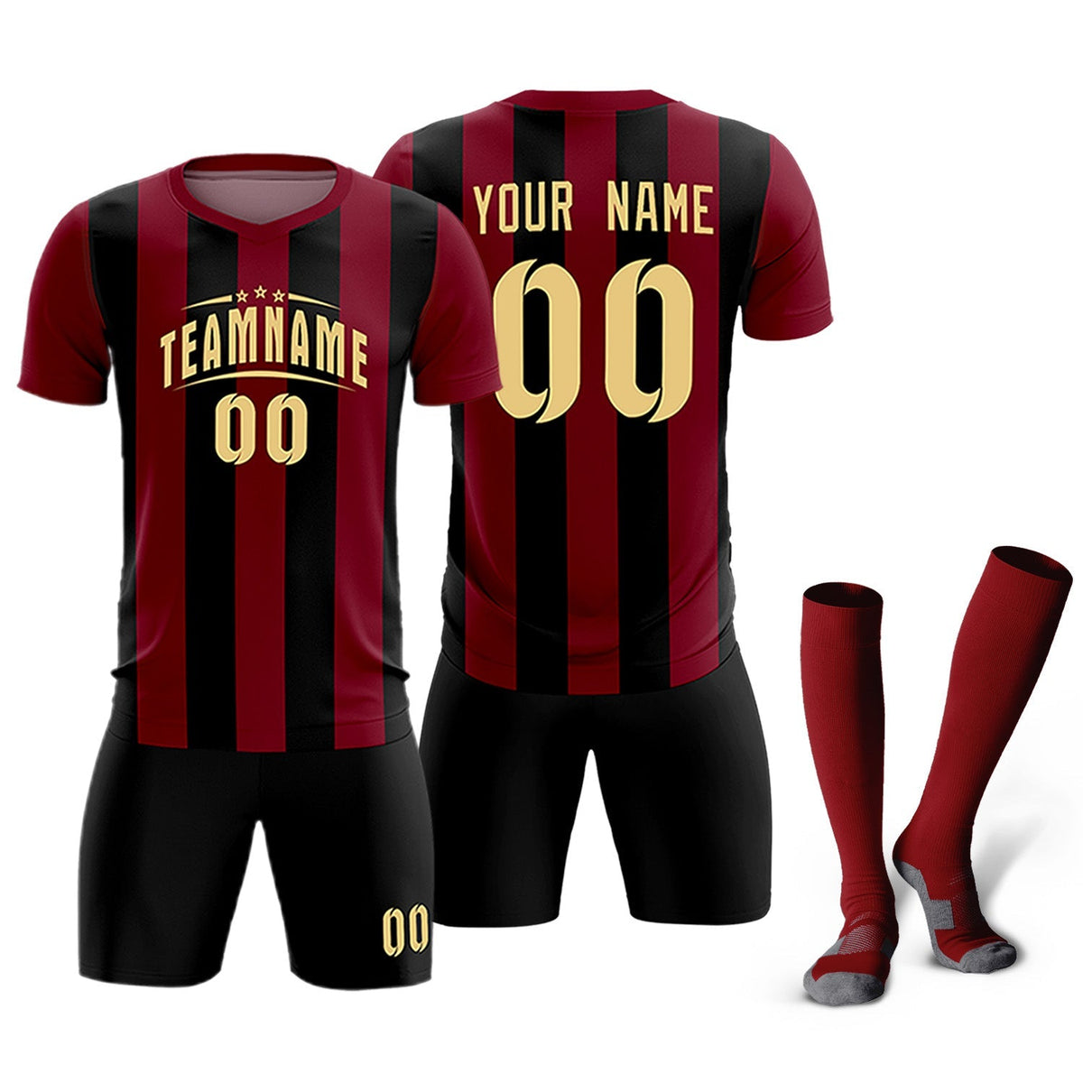 Custom Crimson Black Vertical Stripes Casual Outdoor Soccer Sets Jersey