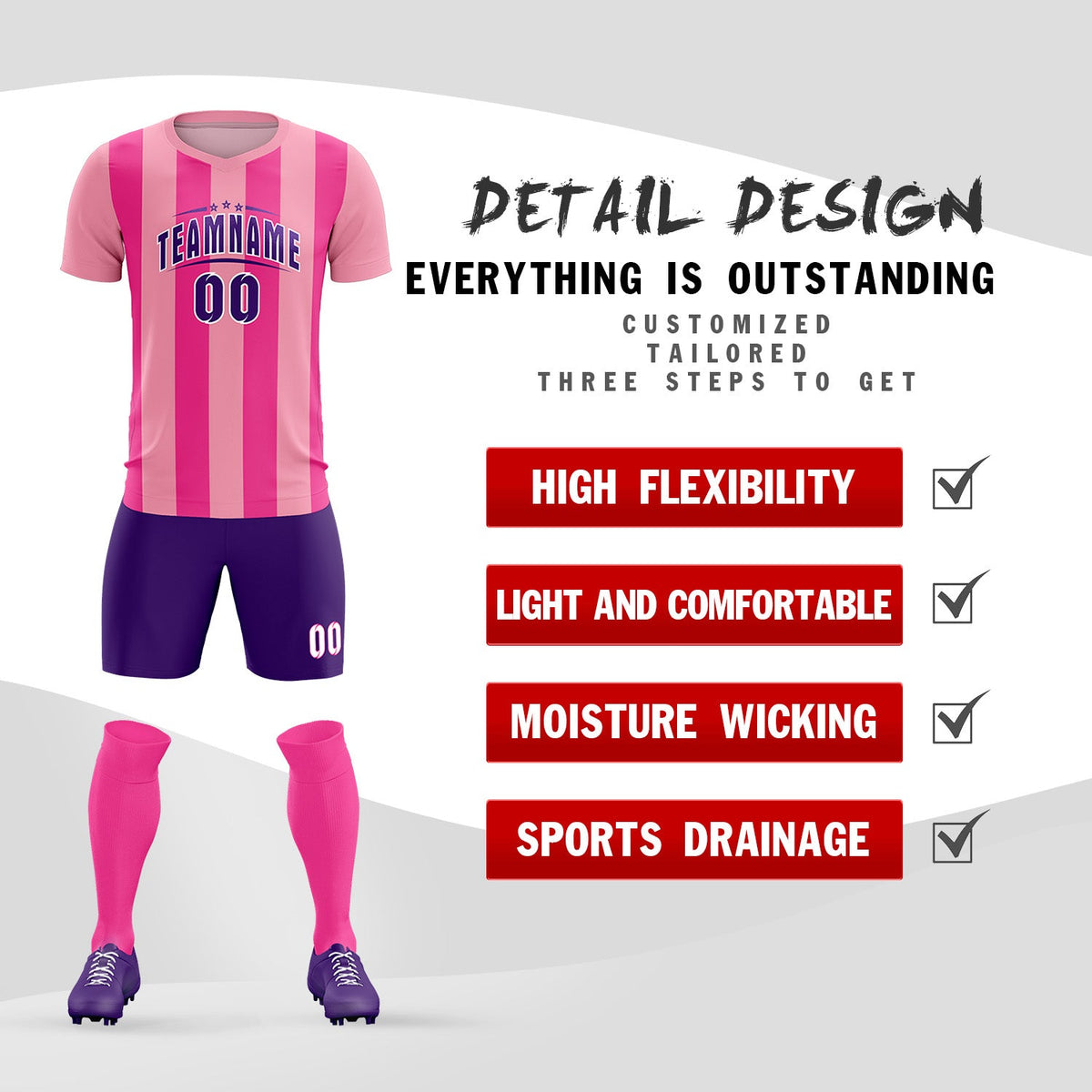 Custom Light Pink Pink Vertical Stripes Casual Outdoor Soccer Sets Jersey