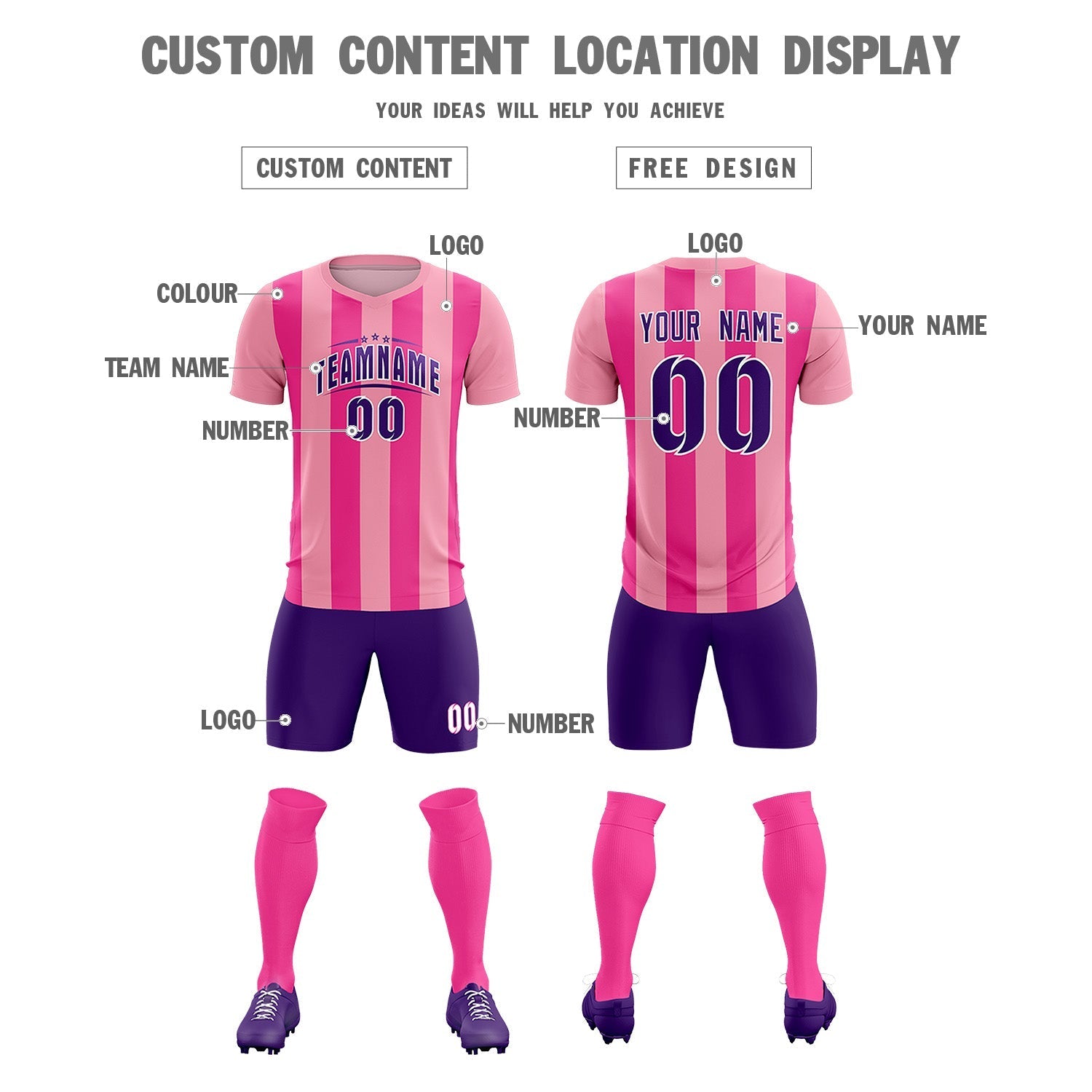 Custom Light Pink Pink Vertical Stripes Casual Outdoor Soccer Sets Jersey