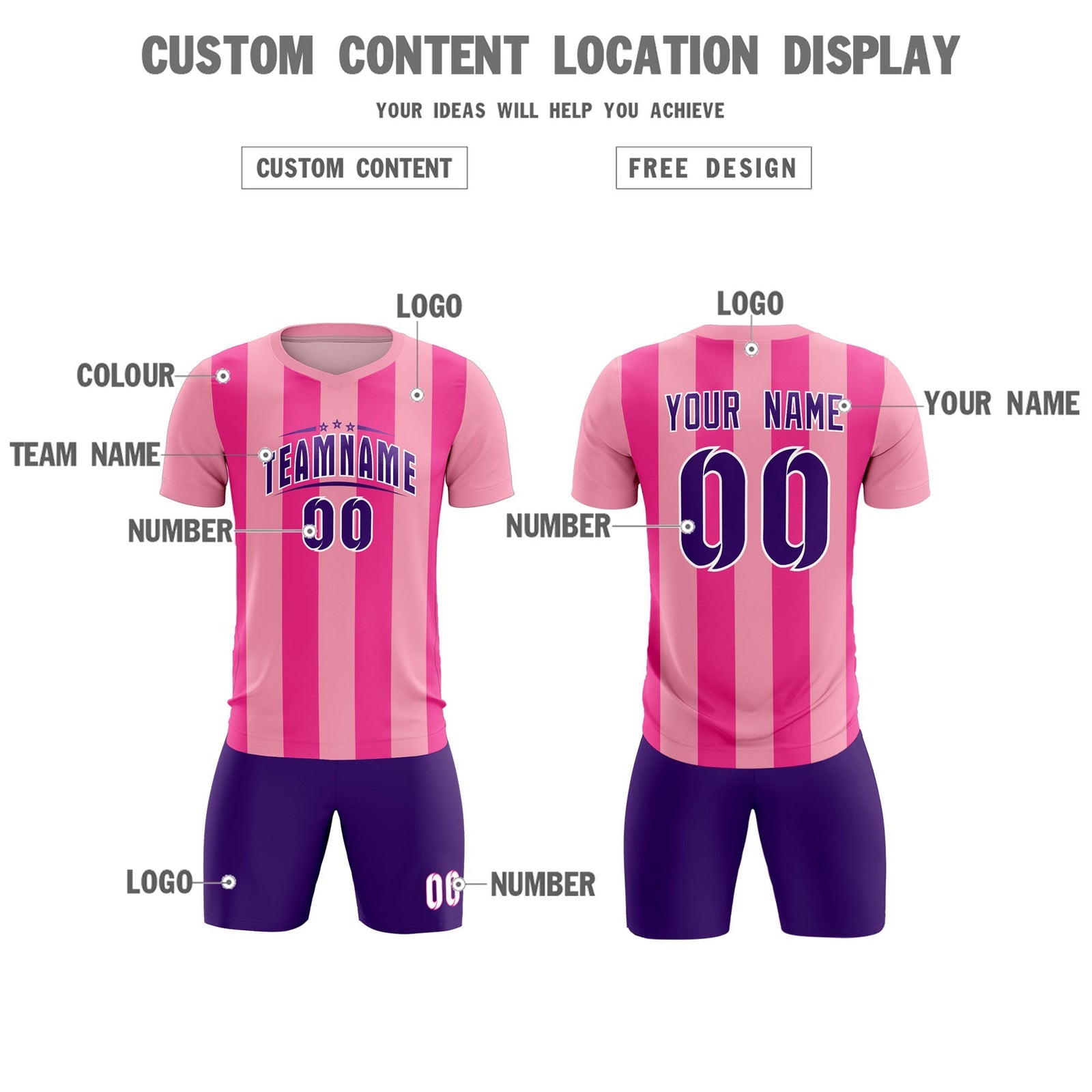 Custom Light Pink Pink Vertical Stripes Casual Outdoor Soccer Sets Jersey