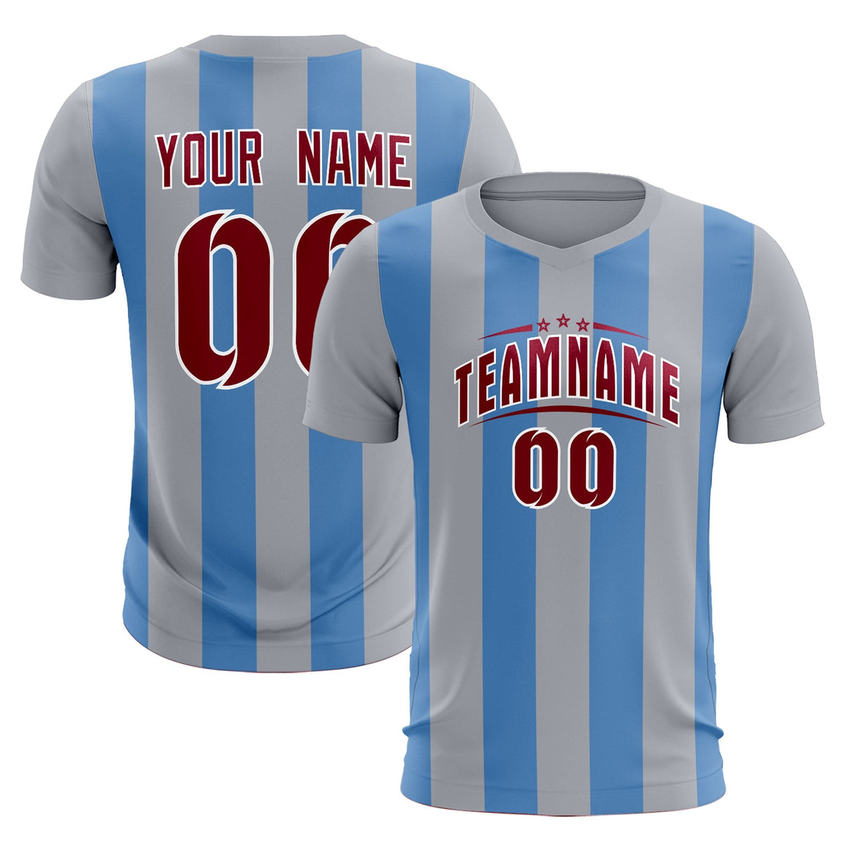 Custom Gray Light Blue Vertical Stripes Casual Outdoor Soccer Sets Jersey