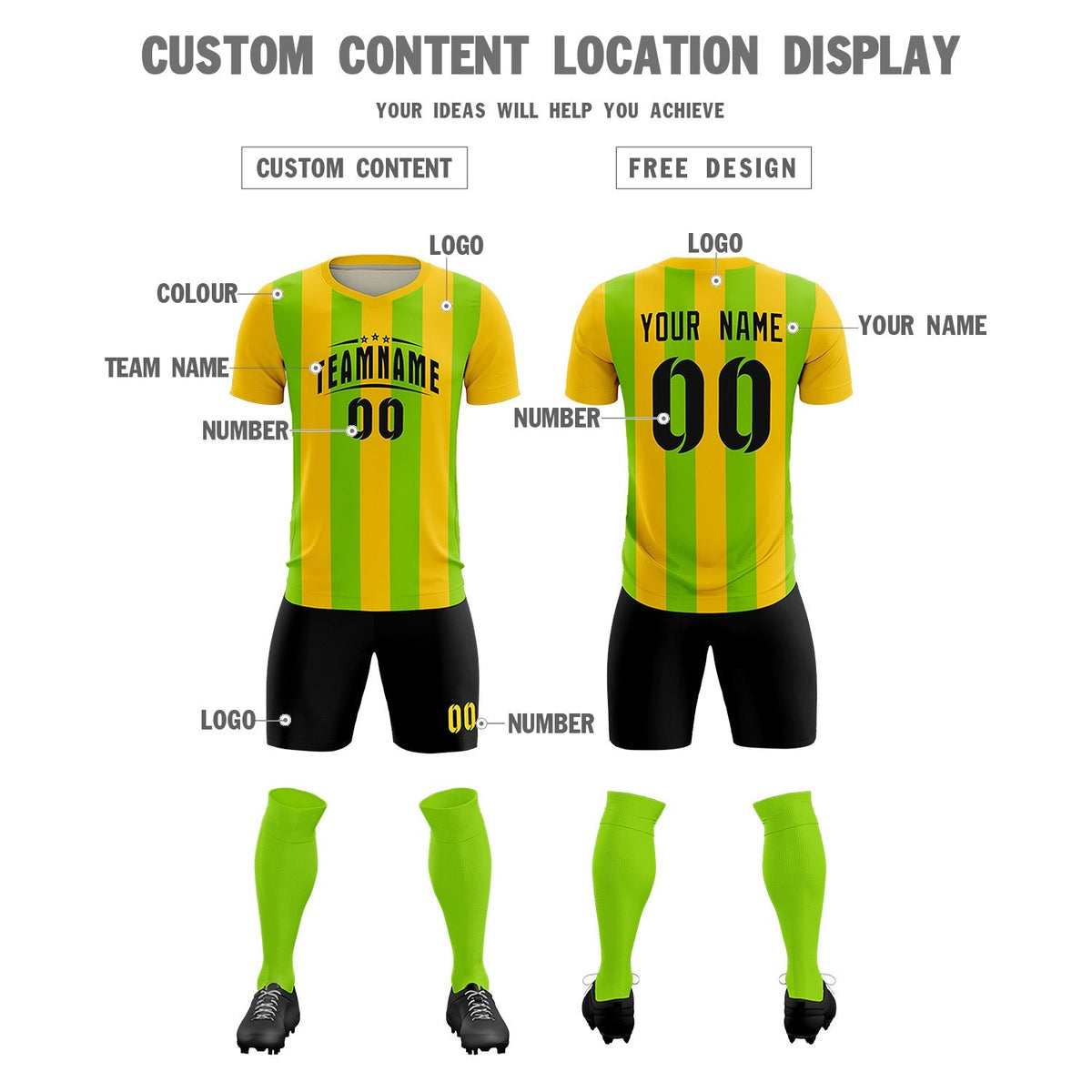 Custom Gold Neon Green Vertical Stripes Casual Outdoor Soccer Sets Jersey