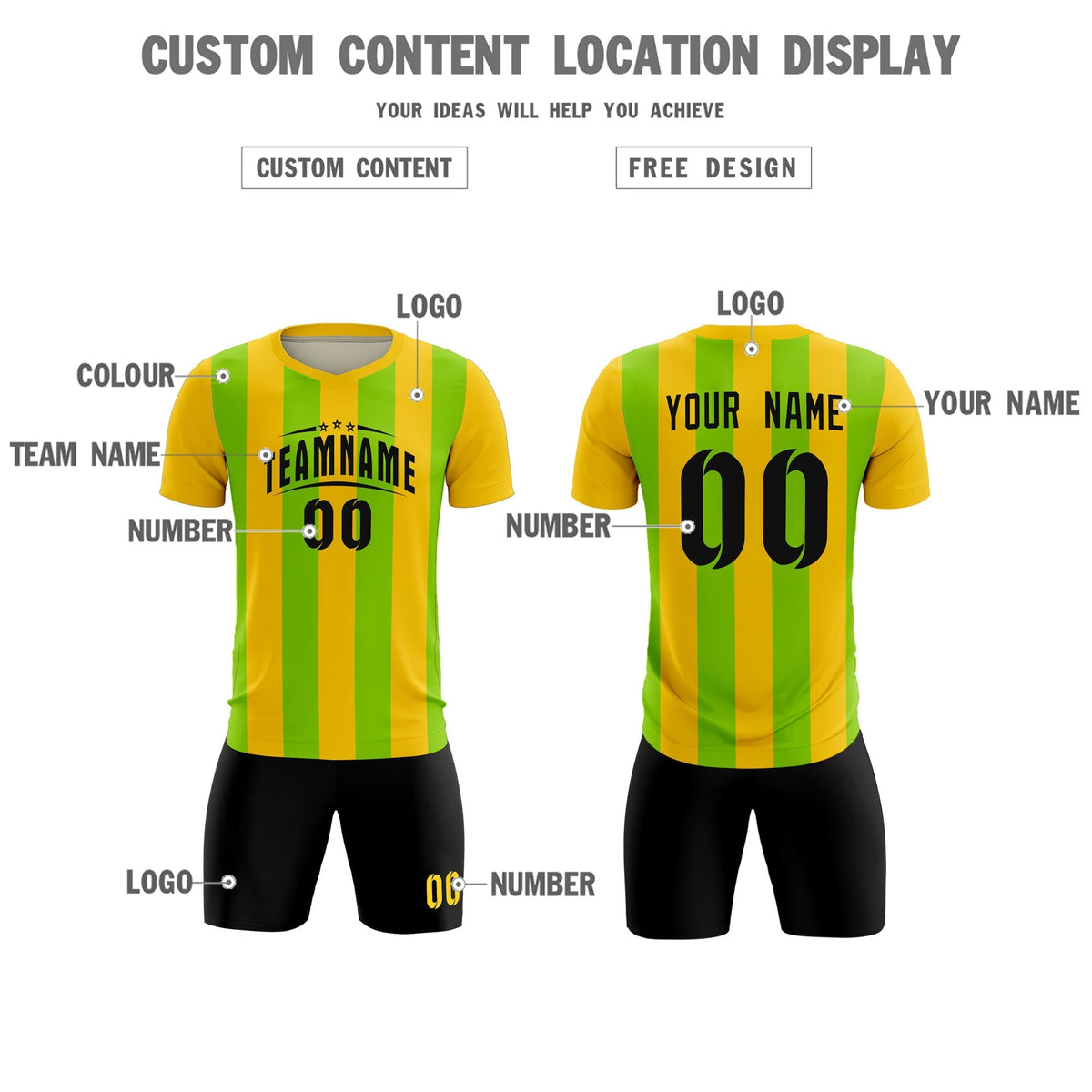 Custom Gold Neon Green Vertical Stripes Casual Outdoor Soccer Sets Jersey
