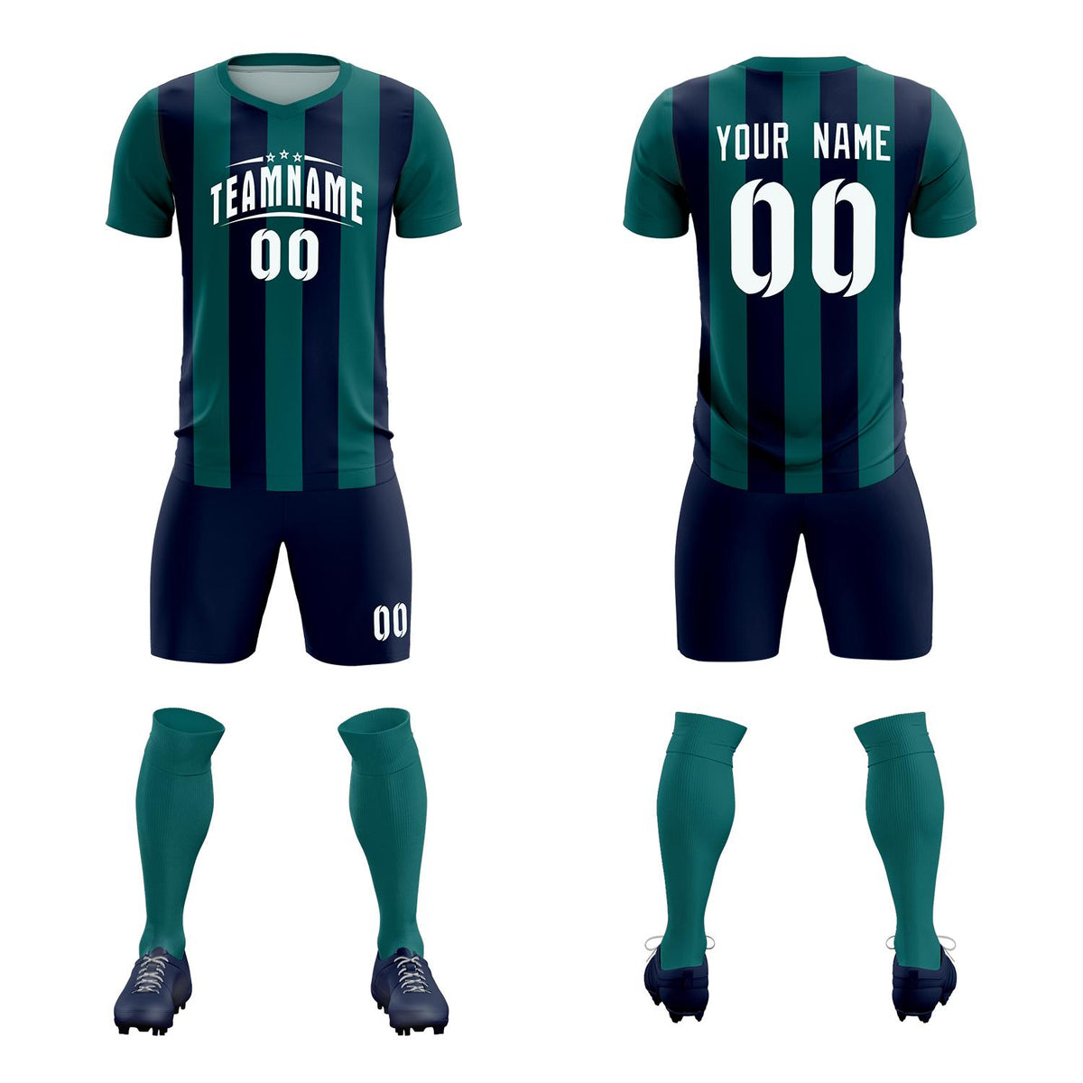 Custom Aqua Navy Vertical Stripes Casual Outdoor Soccer Sets Jersey