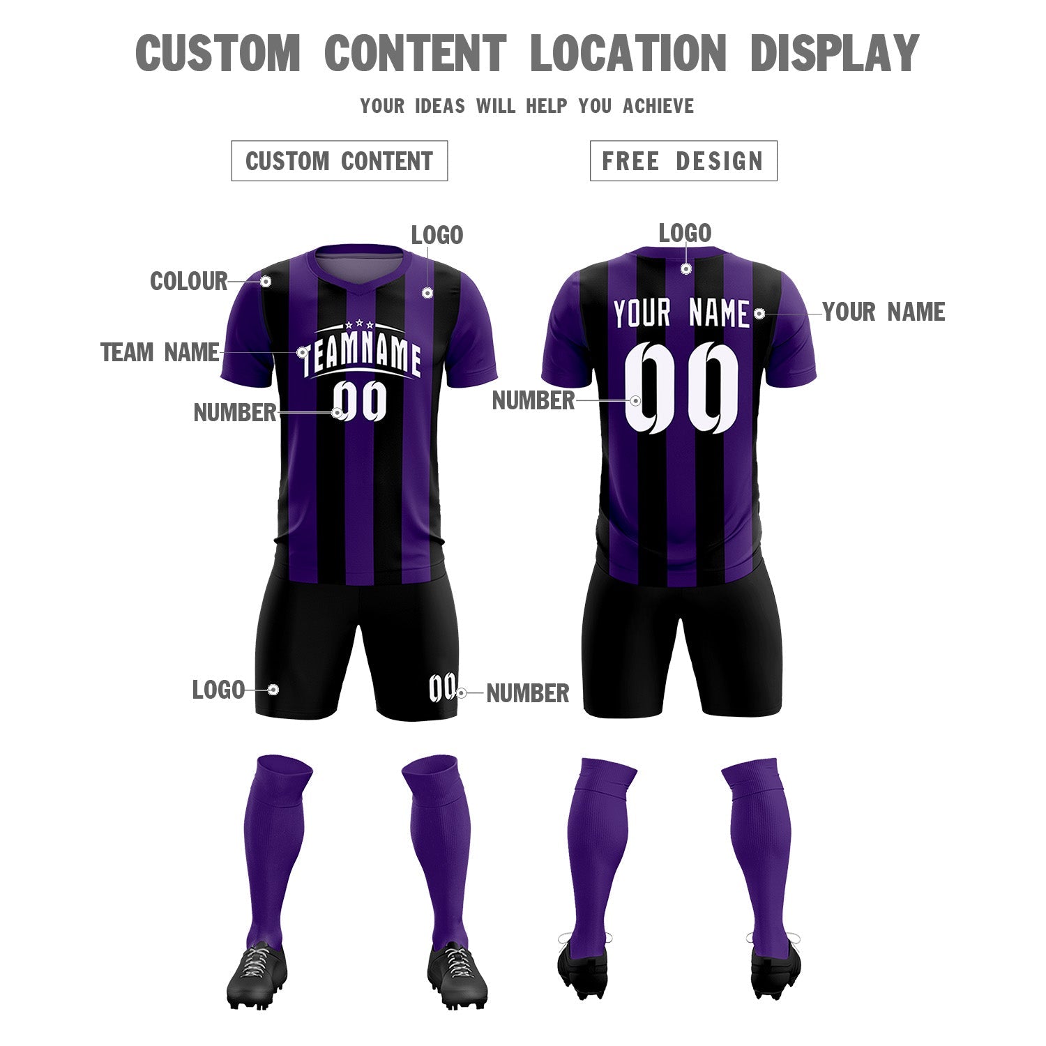 Custom Purple Black Vertical Stripes Casual Outdoor Soccer Sets Jersey
