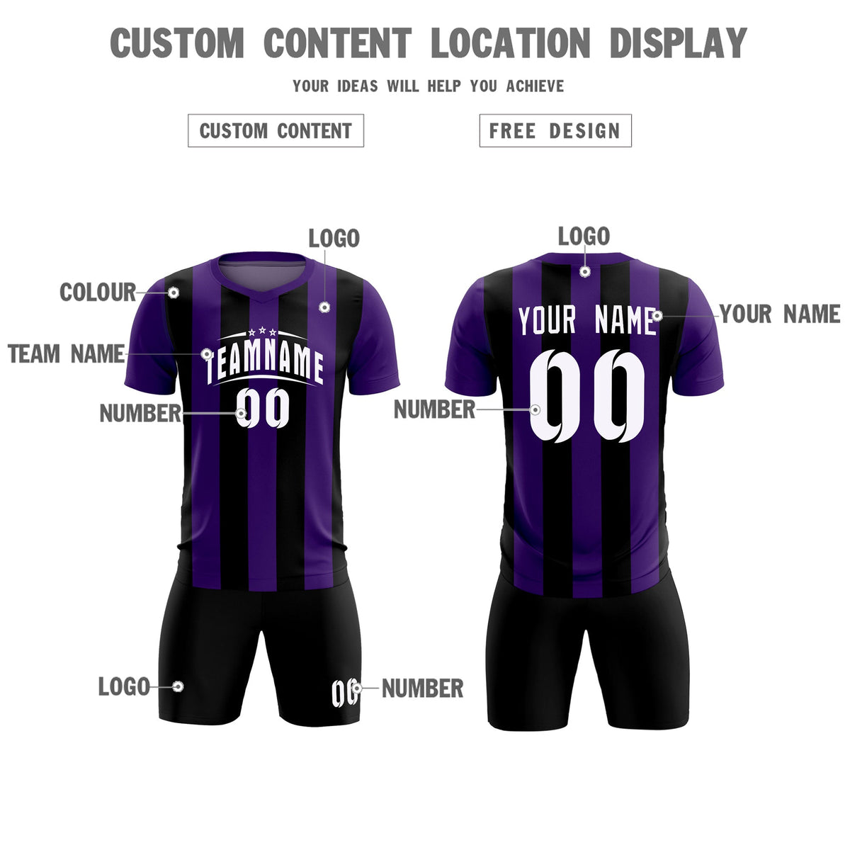 Custom Purple Black Vertical Stripes Casual Outdoor Soccer Sets Jersey