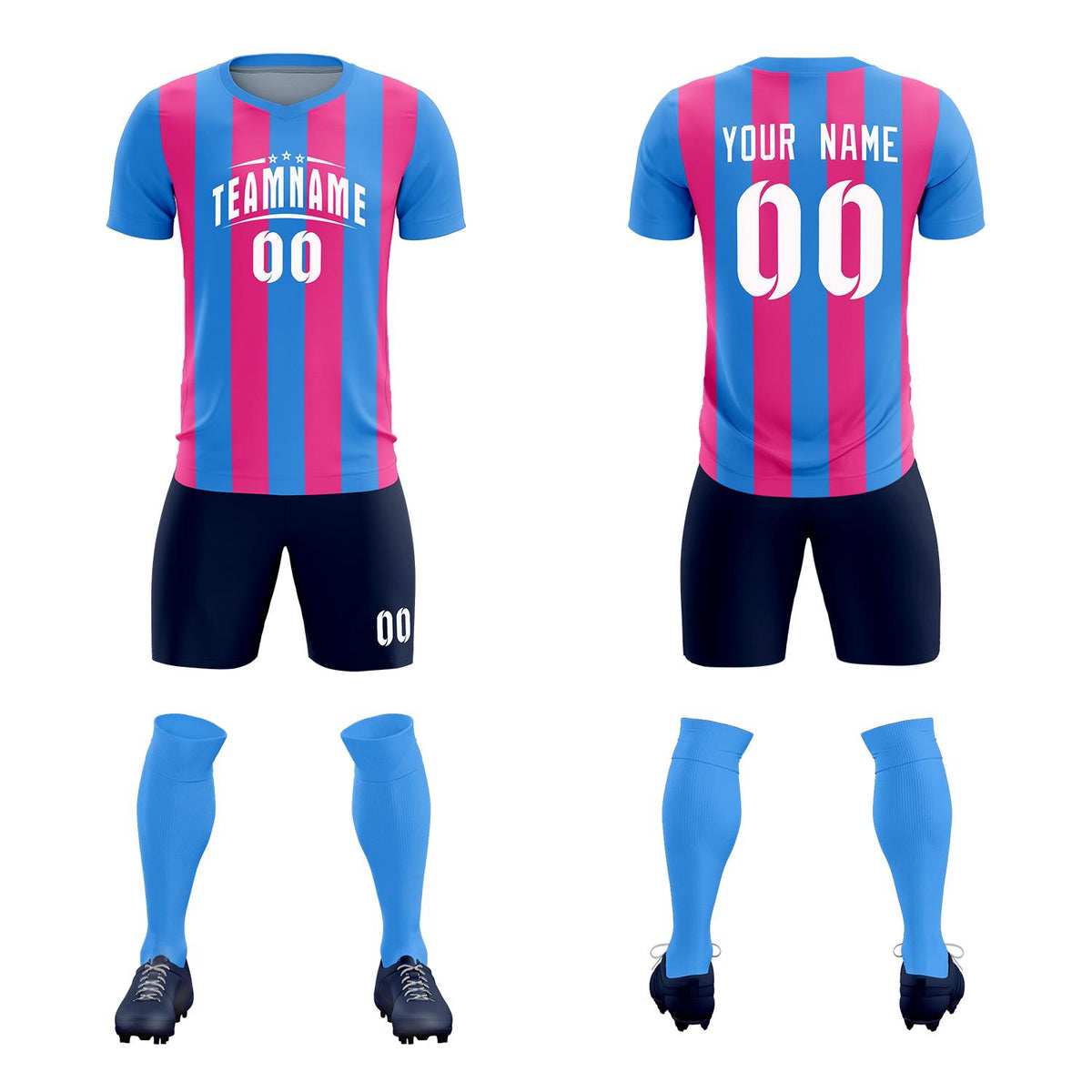 Custom Powder Blue Pink Vertical Stripes Casual Outdoor Soccer Sets Jersey