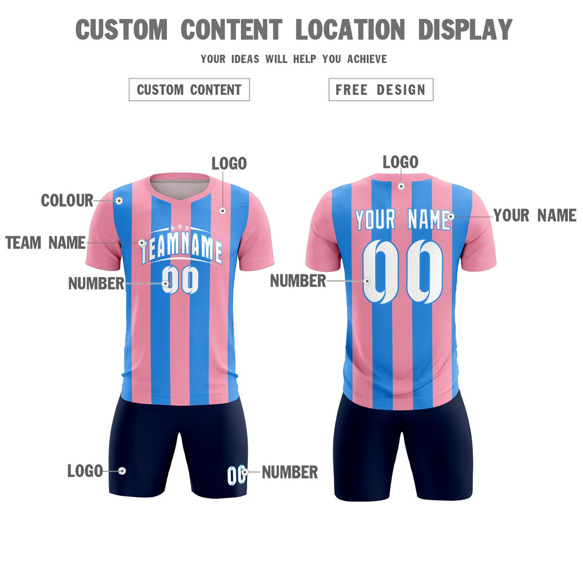 Custom Light Pink Powder Blue Vertical Stripes Casual Outdoor Soccer Sets Jersey