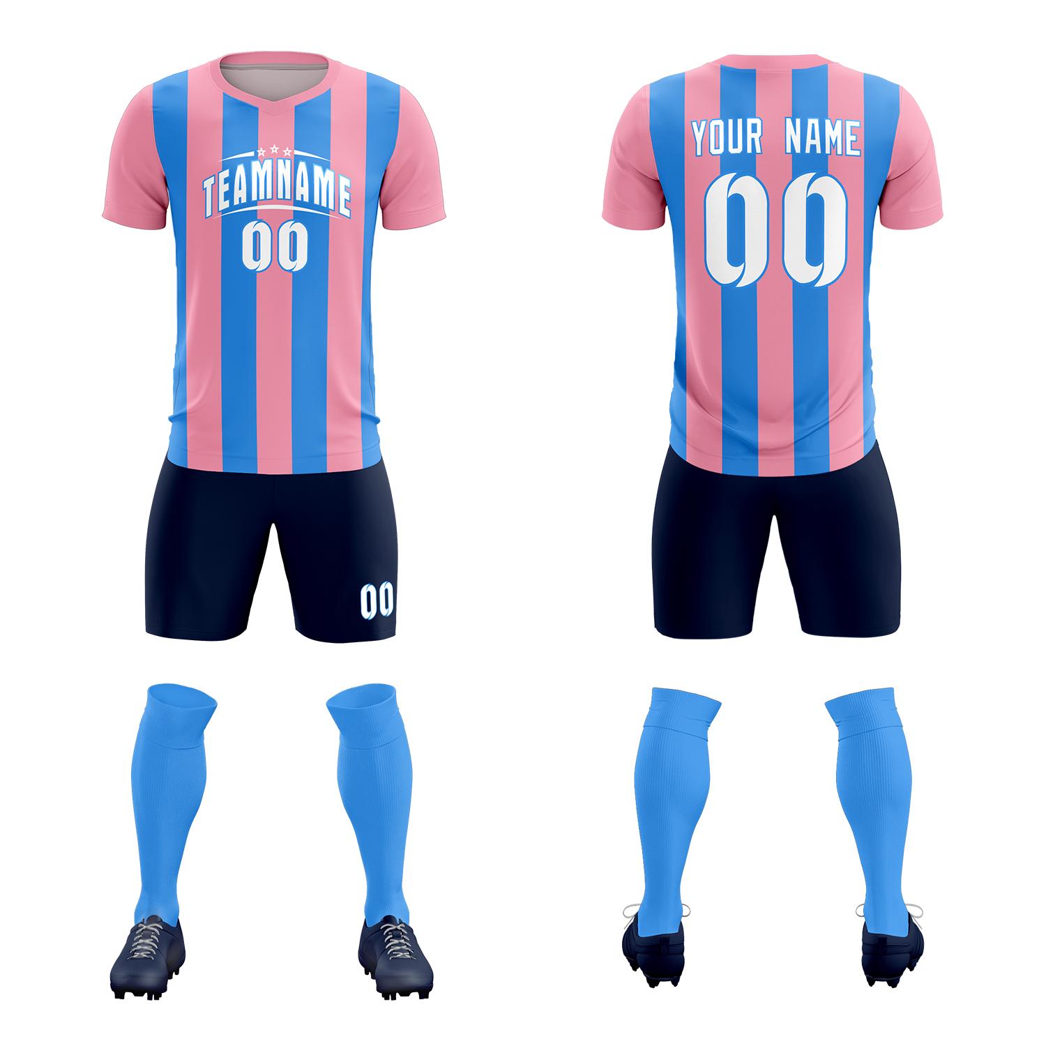 Custom Light Pink Powder Blue Vertical Stripes Casual Outdoor Soccer Sets Jersey