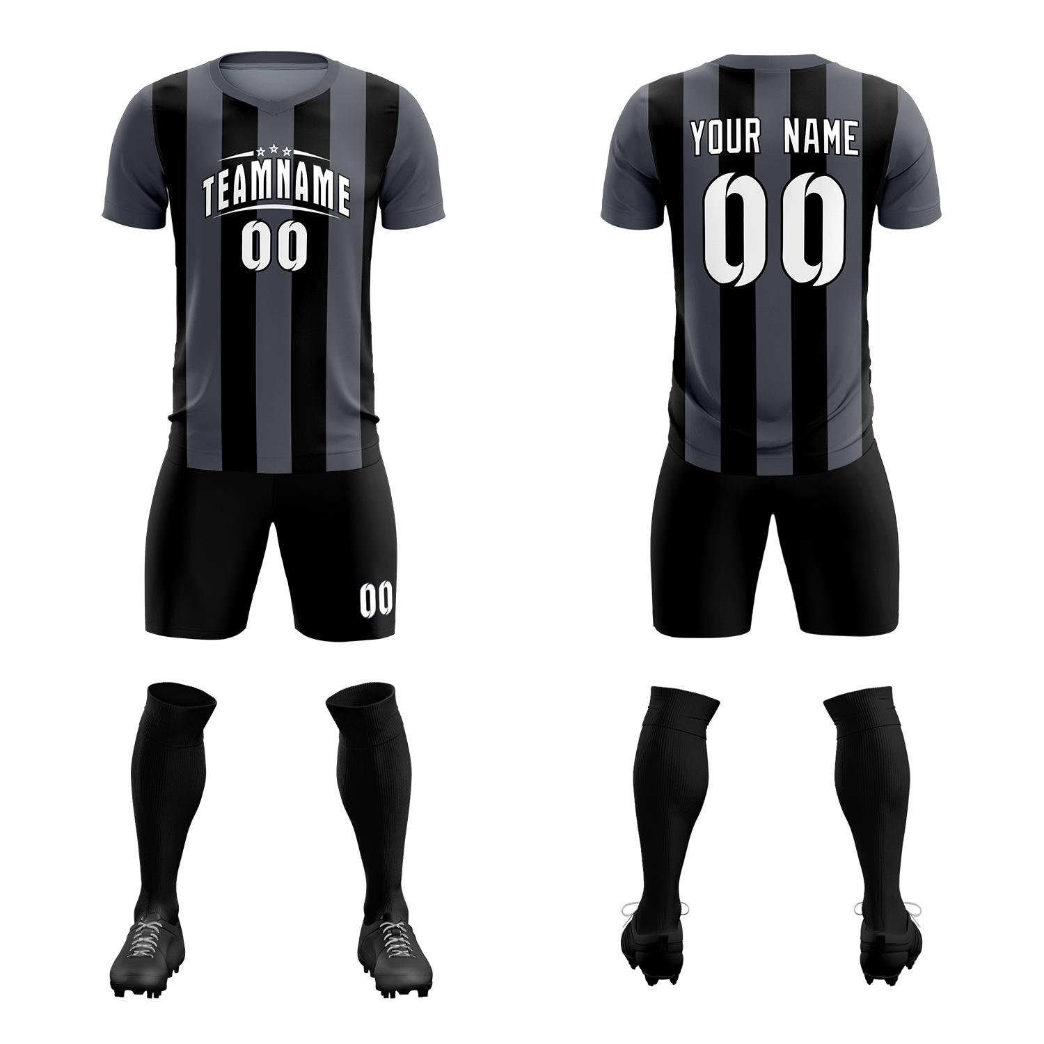 Custom Dark Gray Black Vertical Stripes Casual Outdoor Soccer Sets Jersey