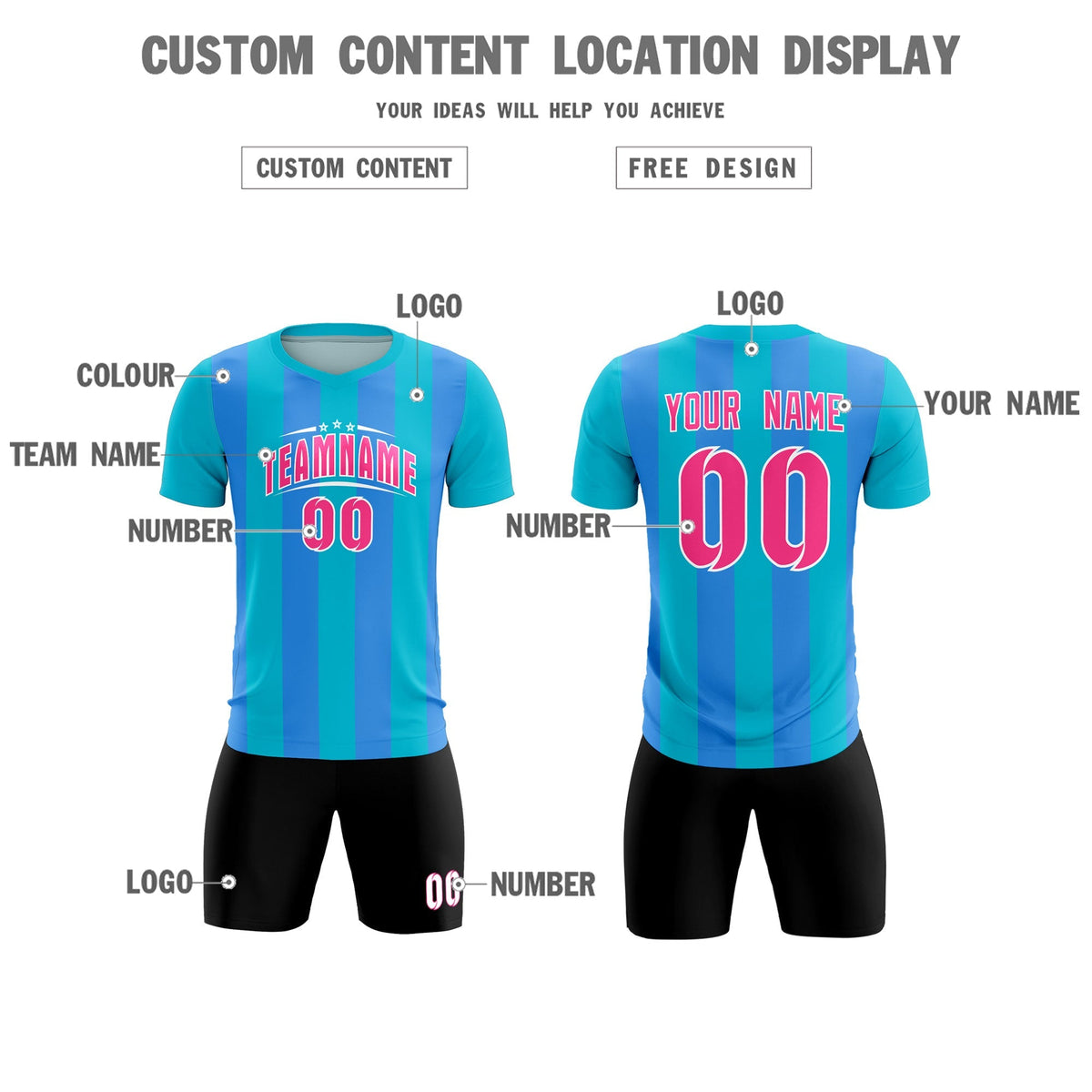 Custom Sky Blue Powder Blue Vertical Stripes Casual Outdoor Soccer Sets Jersey