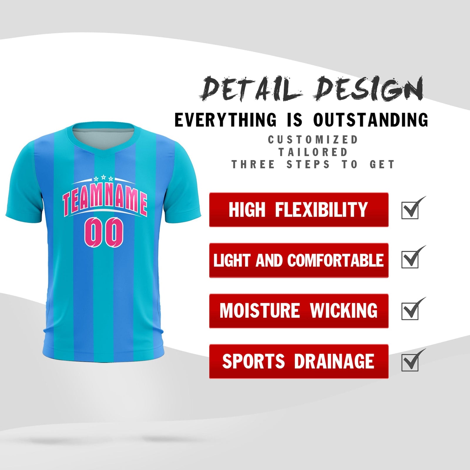 Custom Sky Blue Powder Blue Vertical Stripes Casual Outdoor Soccer Sets Jersey