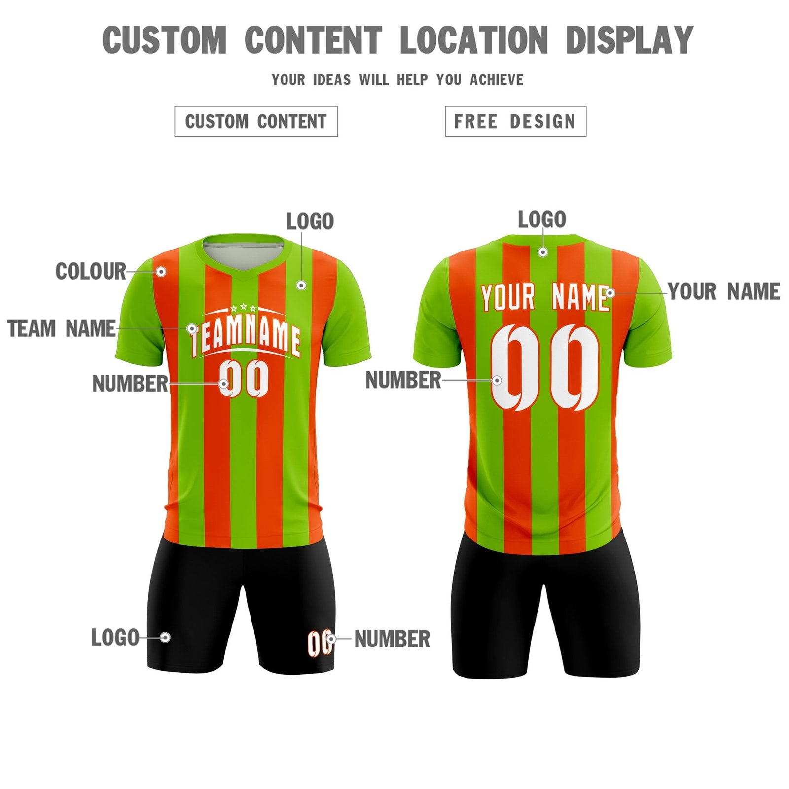 Custom Neon Green Orange Vertical Stripes Casual Outdoor Soccer Sets Jersey