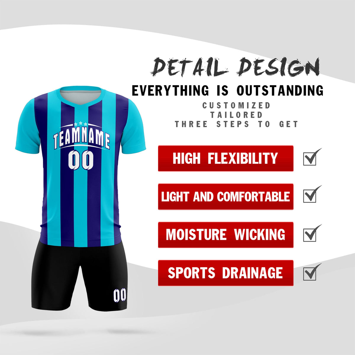 Custom Sky Blue Royal Vertical Stripes Casual Outdoor Soccer Sets Jersey