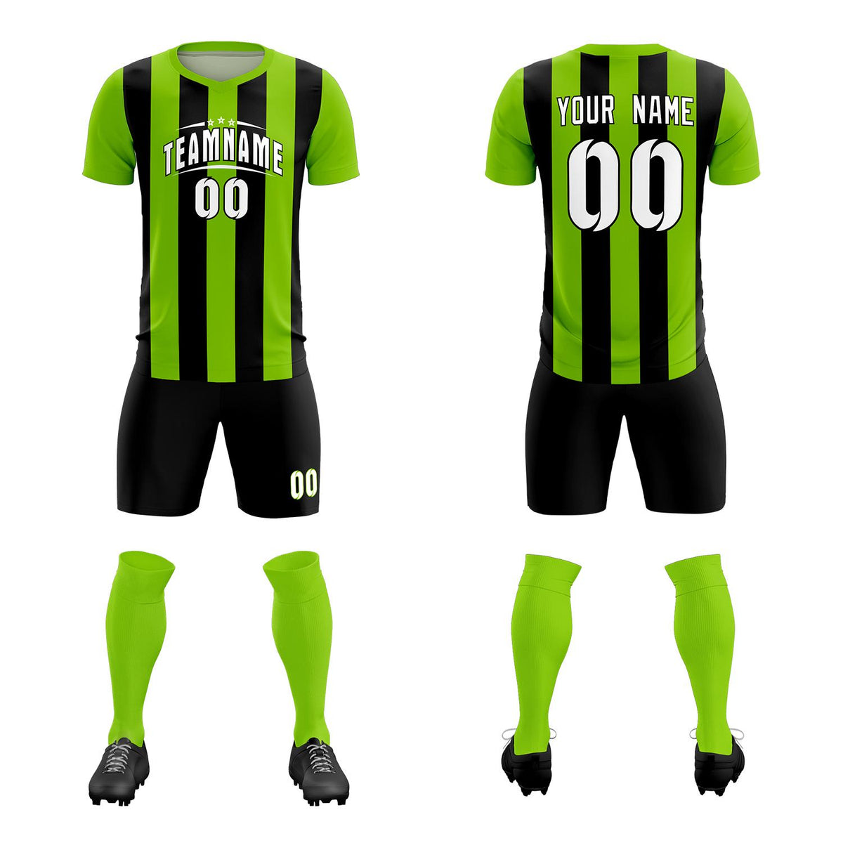 Custom Neon Green Black Vertical Stripes Casual Outdoor Soccer Sets Jersey