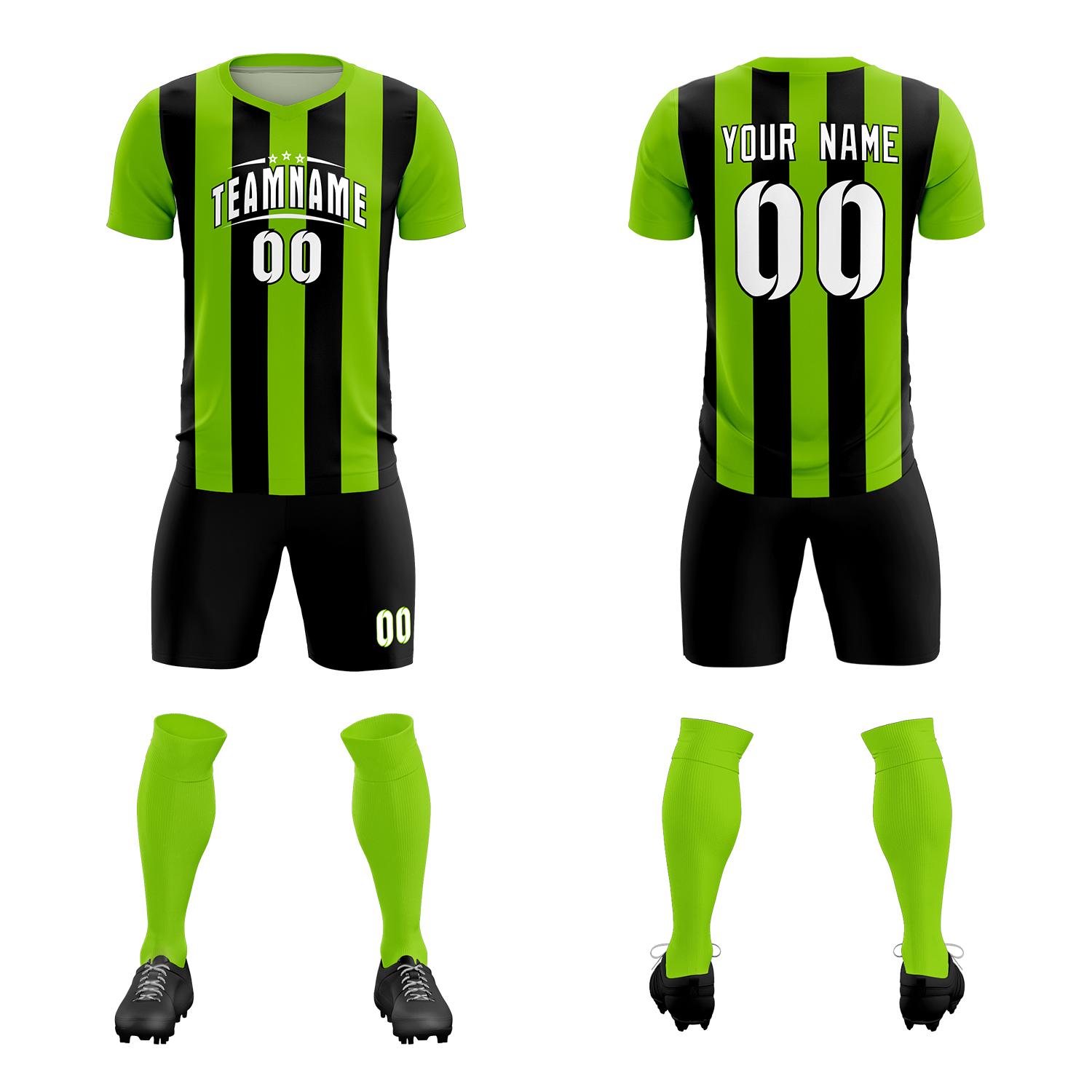 Custom Neon Green Black Vertical Stripes Casual Outdoor Soccer Sets Jersey