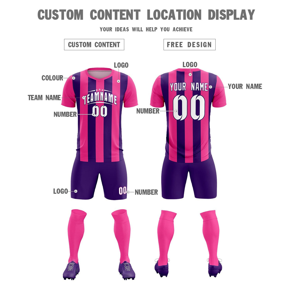 Custom Pink Purple Vertical Stripes Casual Outdoor Soccer Sets Jersey