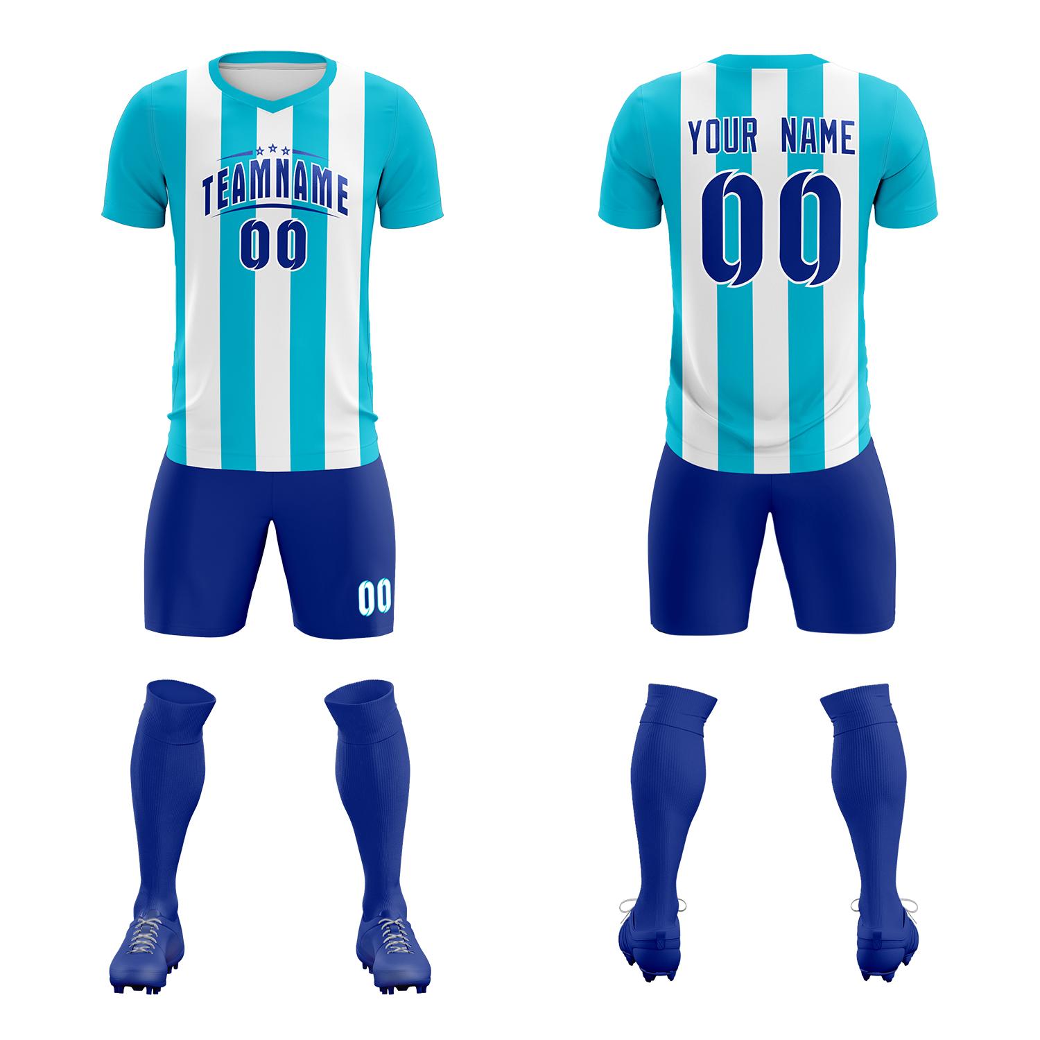 Custom White Sky Blue Vertical Stripes Casual Outdoor Soccer Sets Jersey