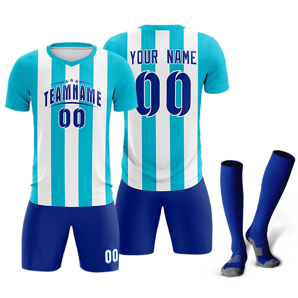 Custom White Sky Blue Vertical Stripes Casual Outdoor Soccer Sets Jersey