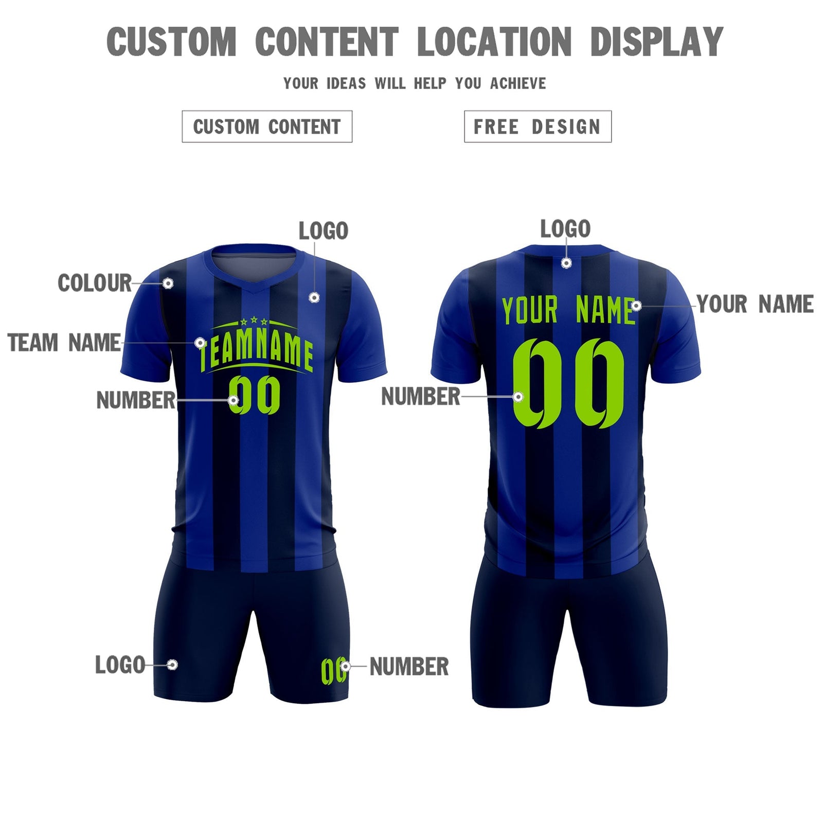 Custom Royal Navy Vertical Stripes Casual Outdoor Soccer Sets Jersey
