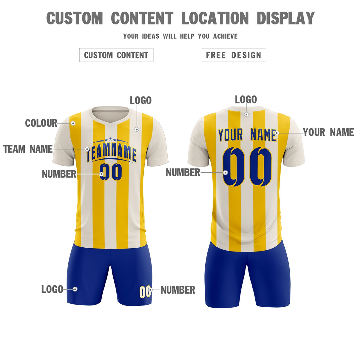 Custom Cream Gold Vertical Stripes Casual Outdoor Soccer Sets Jersey