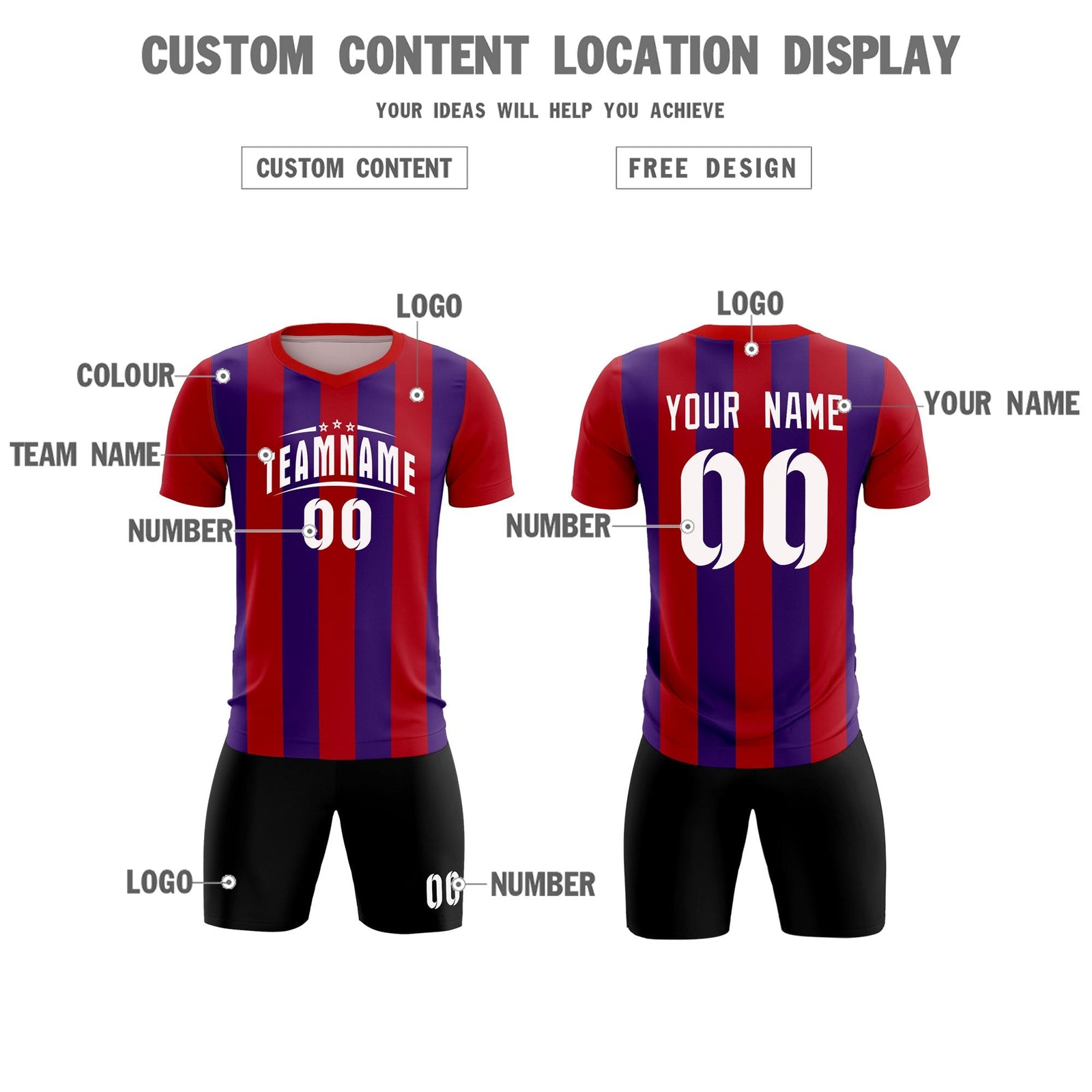 Custom Red Purple Vertical Stripes Casual Outdoor Soccer Sets Jersey