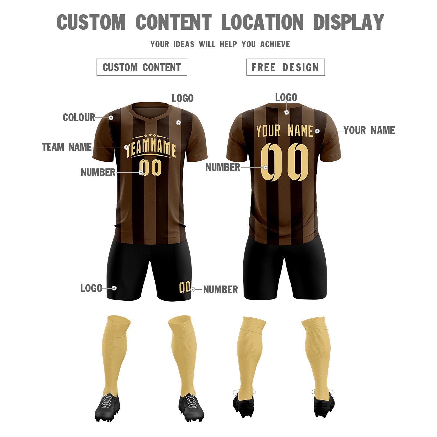 Custom Light Brown Brown Vertical Stripes Casual Outdoor Soccer Sets Jersey