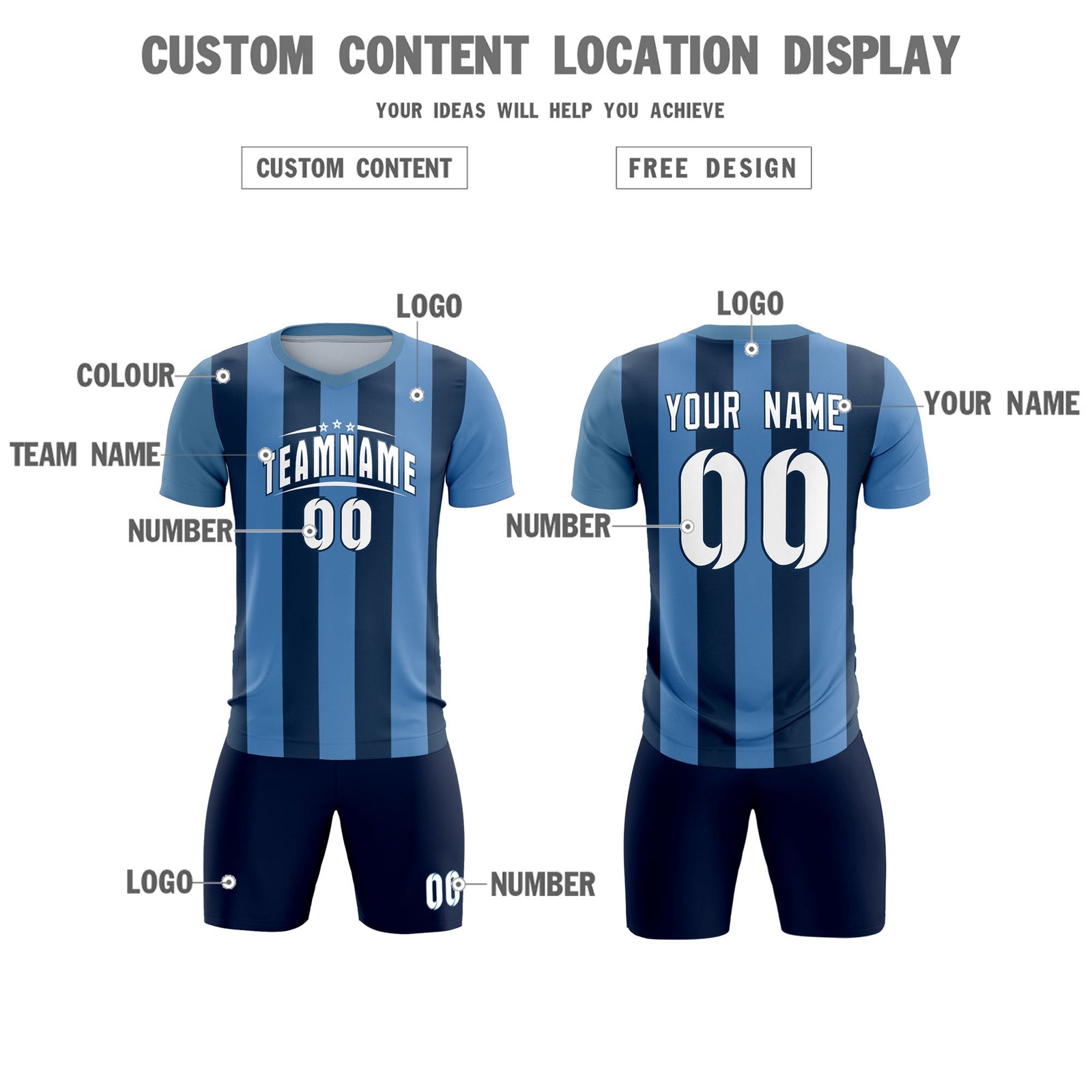 Custom Light Blue Midnight Blue Vertical Stripes Casual Outdoor Soccer Sets Jersey