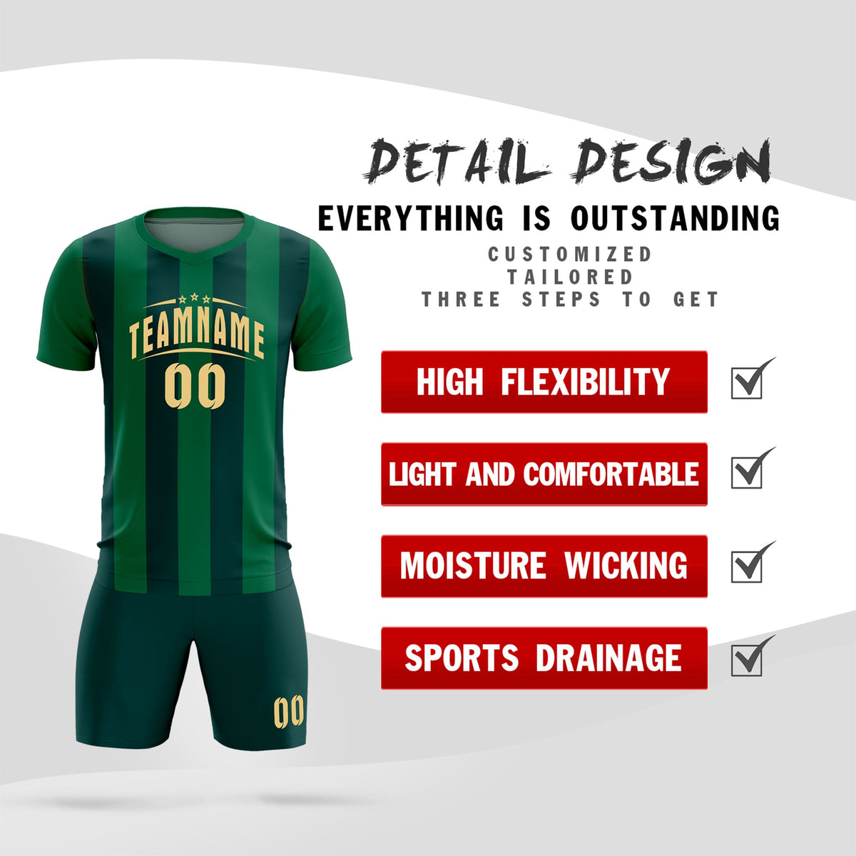 Custom Kelly Green Midnight Green Vertical Stripes Casual Outdoor Soccer Sets Jersey