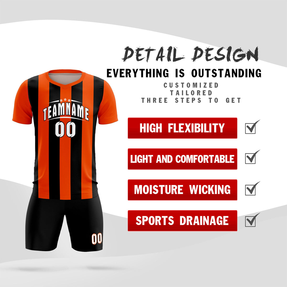 Custom Orange Black Vertical Stripes Casual Outdoor Soccer Sets Jersey