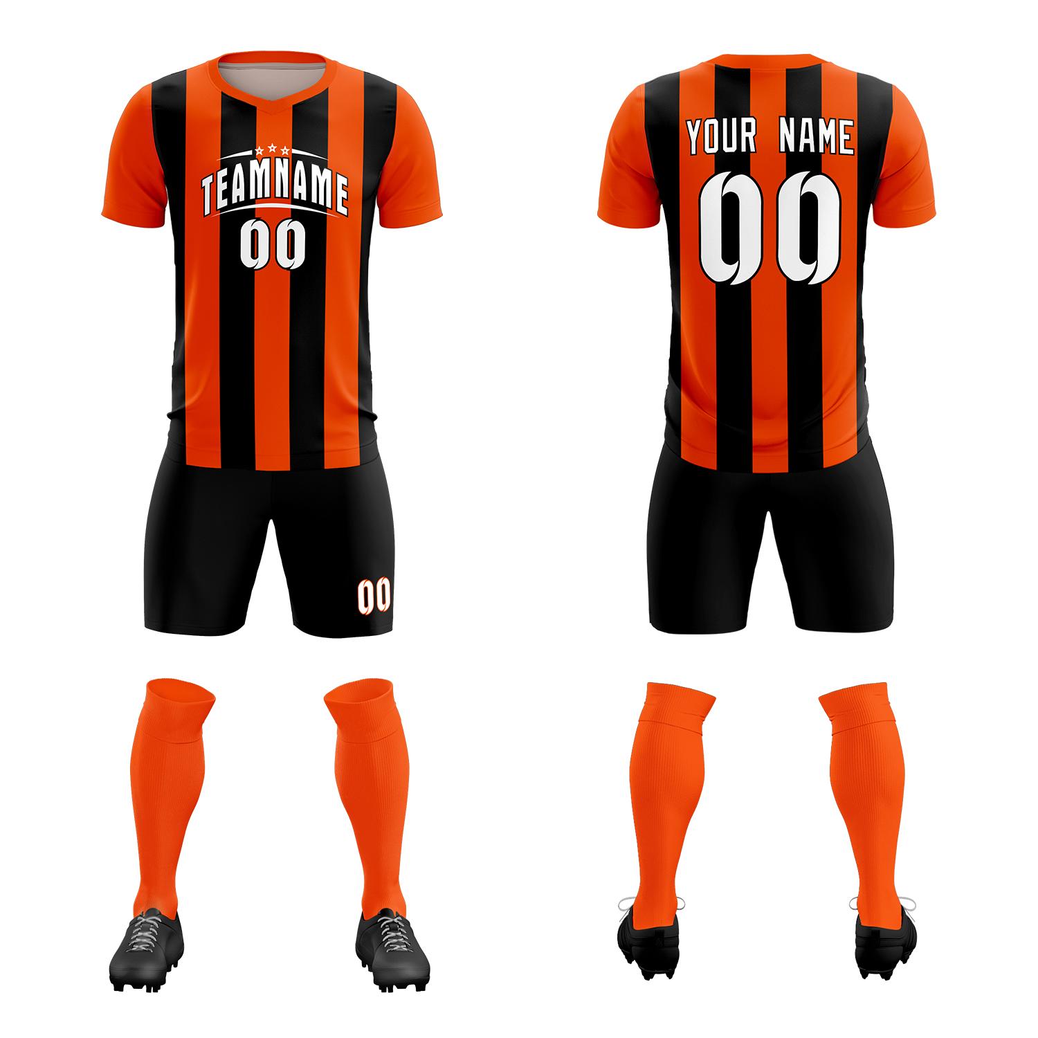 Custom Orange Black Vertical Stripes Casual Outdoor Soccer Sets Jersey