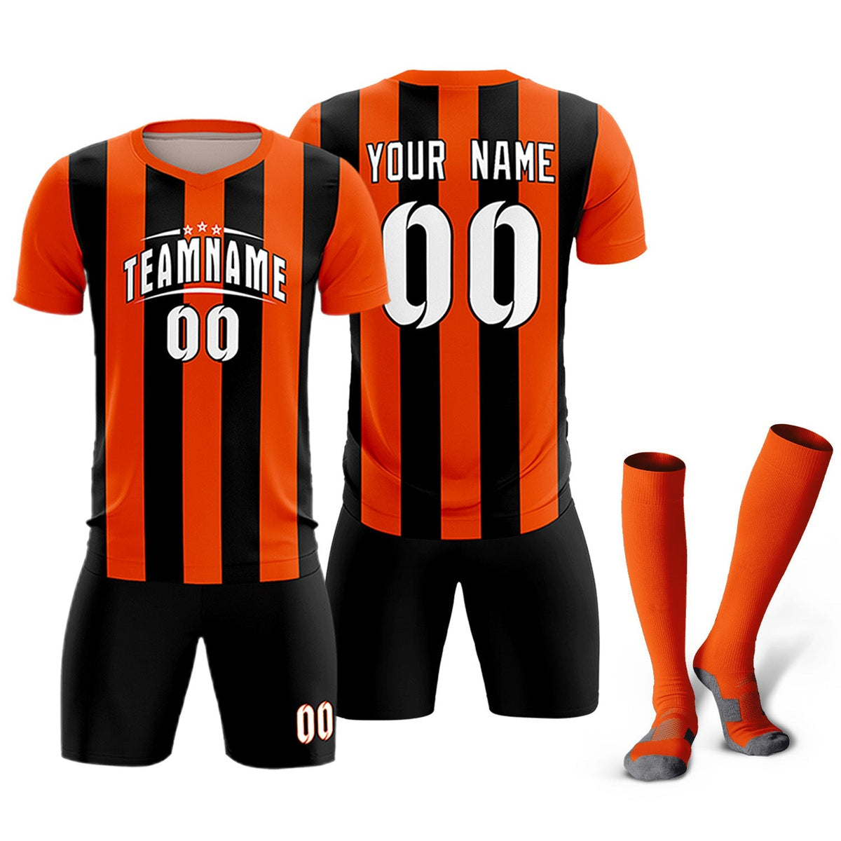 Custom Orange Black Vertical Stripes Casual Outdoor Soccer Sets Jersey