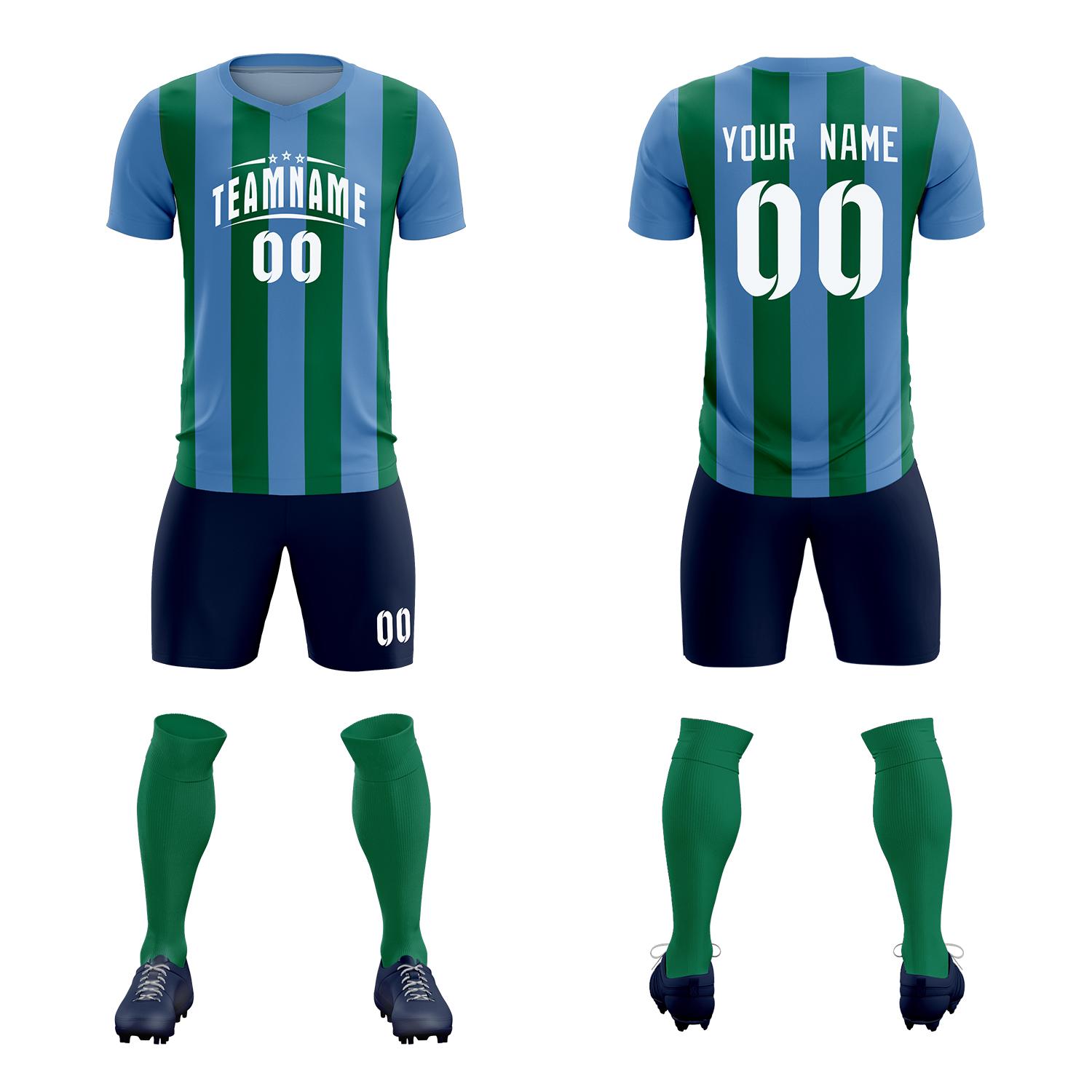 Custom Light Blue Kelly Green Vertical Stripes Casual Outdoor Soccer Sets Jersey