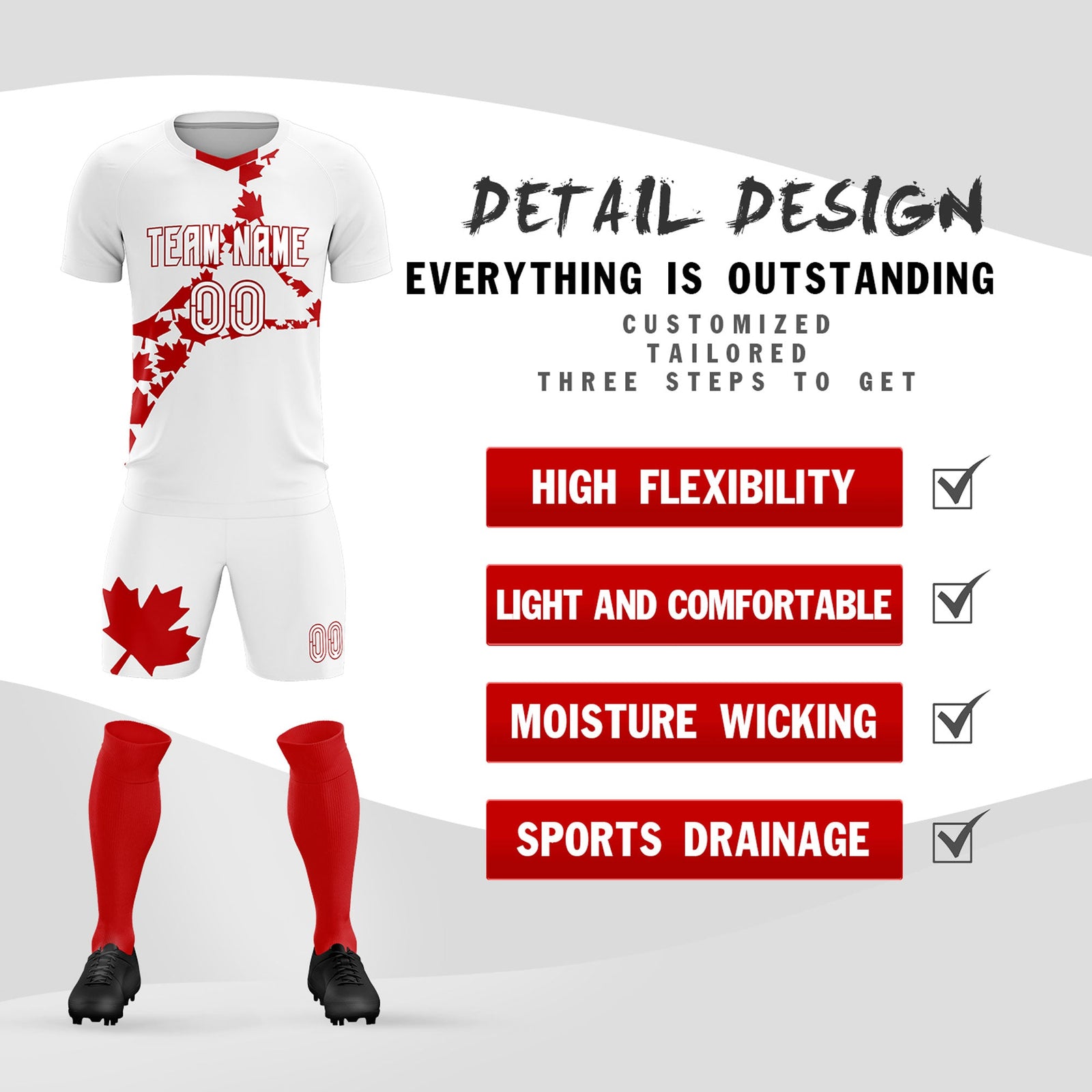 Custom White Red Canada Maple Leaves World Cup Inspired Quick-Drying Graffiti Pattern Soccer Sets Jersey