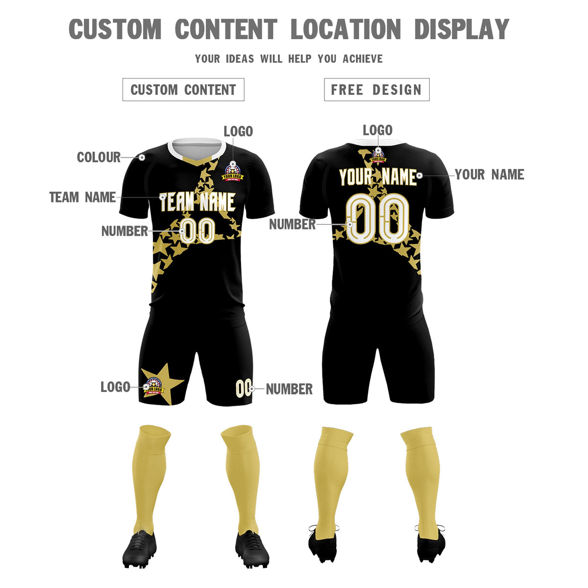 Custom Black Old Gold America Star World Cup Inspired Lightweight Graffiti Pattern Soccer Sets Jersey