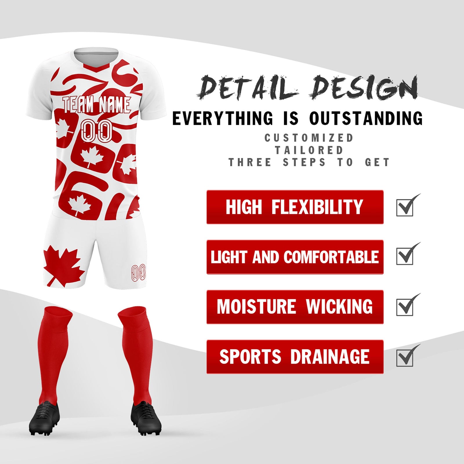 Custom White Canada Maple Leaves World Cup Inspired Drapable Graffiti Pattern Soccer Sets Jersey