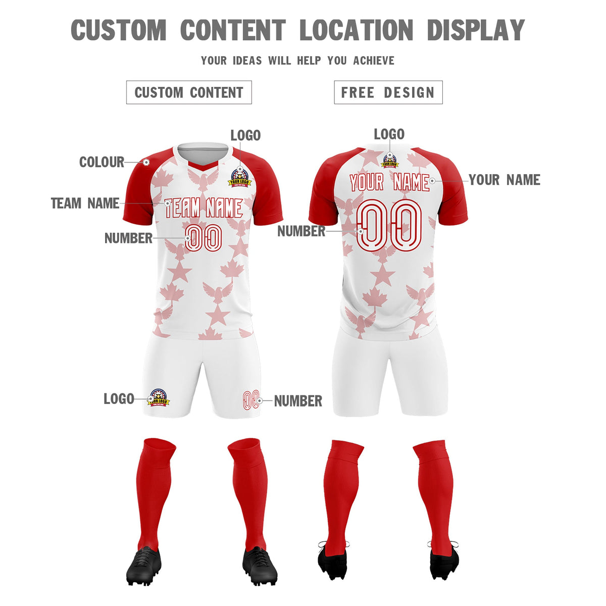 Custom Red White World Cup Inspired Breathable&Quick-Drying Training Uniform Raglan Sleeve Soccer Sets Jersey