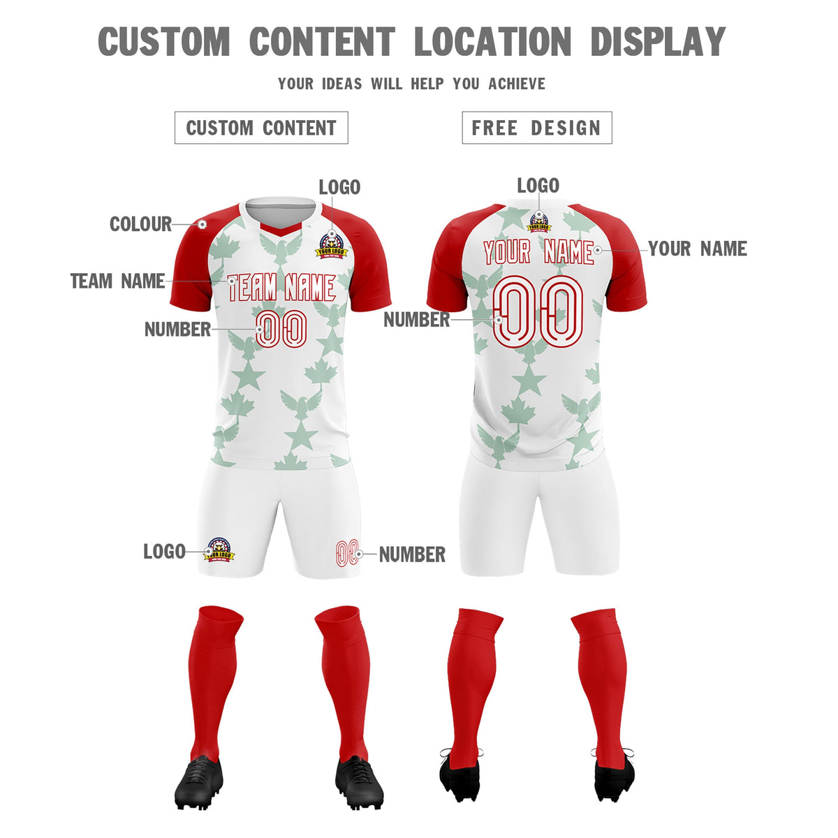 Custom Red White World Cup Inspired Lightweight&Drapable Training Uniform Raglan Sleeve Soccer Sets Jersey