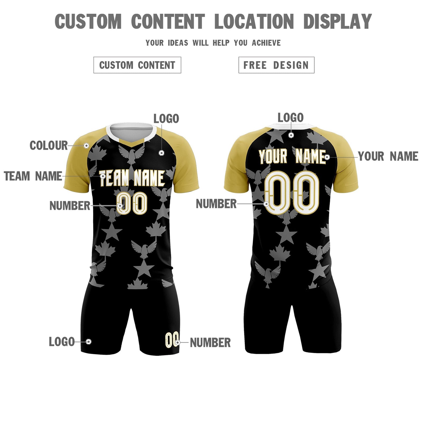 Custom Old Gold Black World Cup Inspired Breathable&Quick-Drying Training Uniform Raglan Sleeve Soccer Sets Jersey