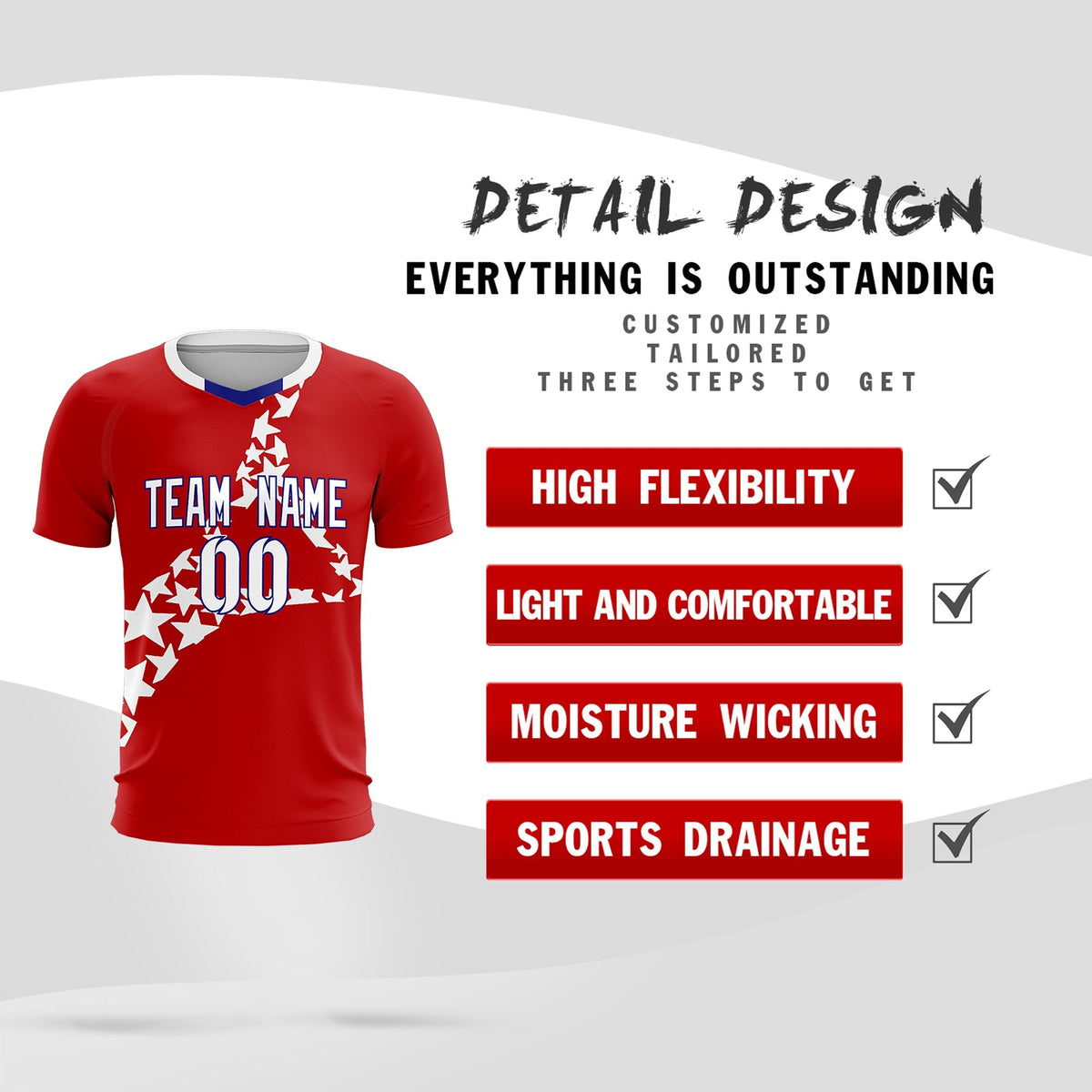 Custom Red White America Star World Cup Inspired Wrinkle-Resistant Graffiti Pattern Soccer Sets Jersey