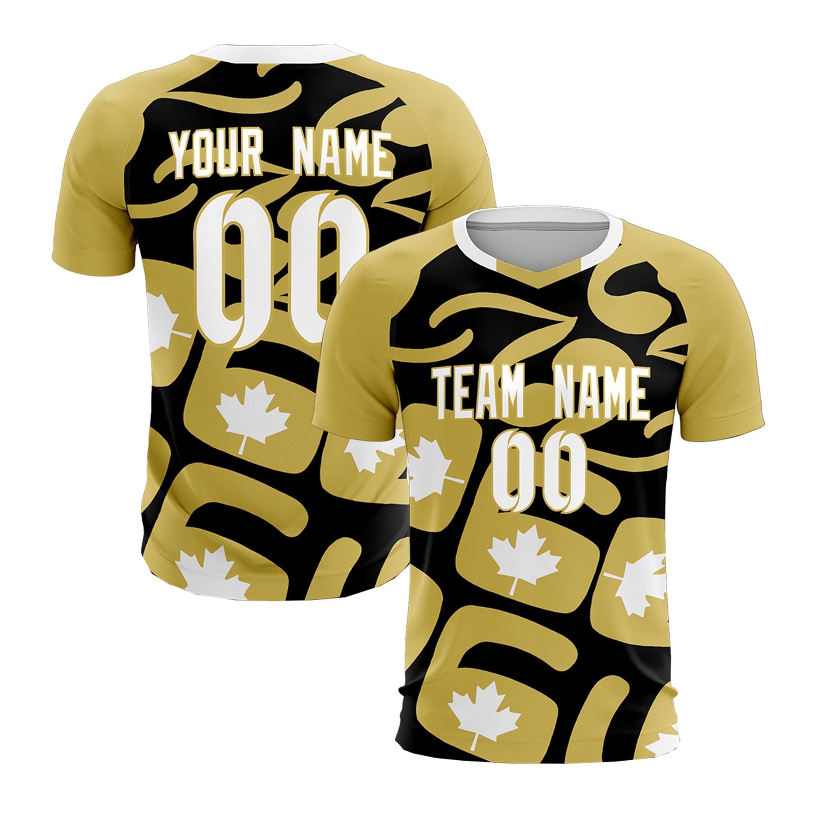 Custom Old Gold Black Canada Maple Leaves World Cup Inspired Drapable Graffiti Pattern Soccer Sets Jersey