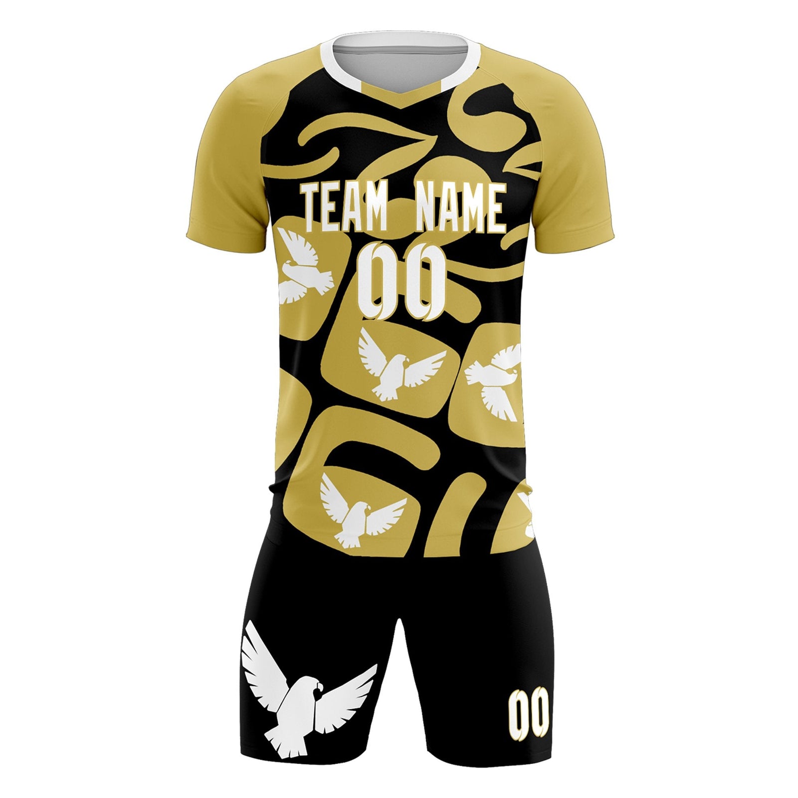 Custom Old Gold Black Mexico Eagle World Cup Inspired Quick-Drying Graffiti Pattern Soccer Sets Jersey